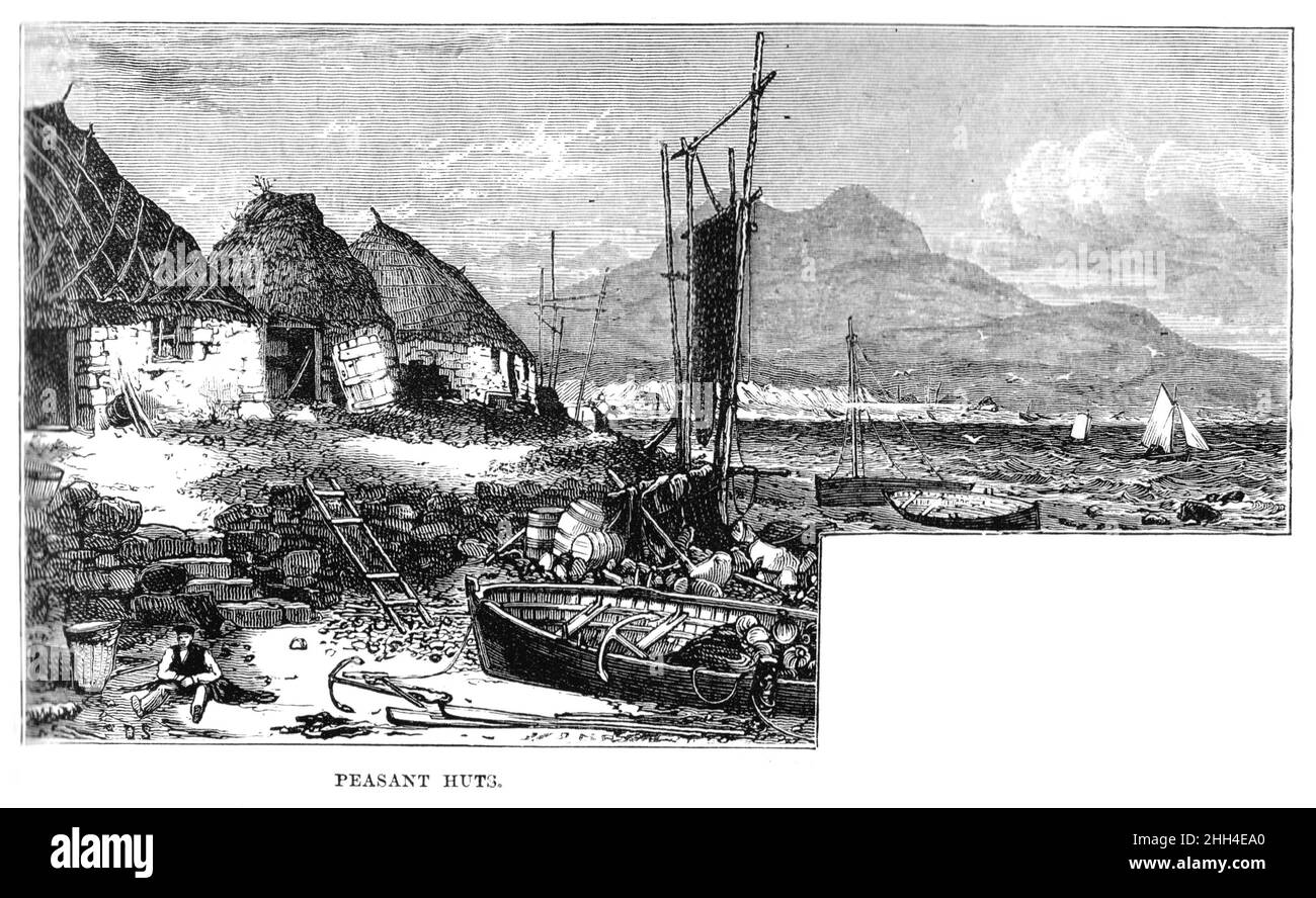 Schwarz-Weiß-Illustration; Bauernhütten auf der Isle of Skye, Schottland Stockfoto