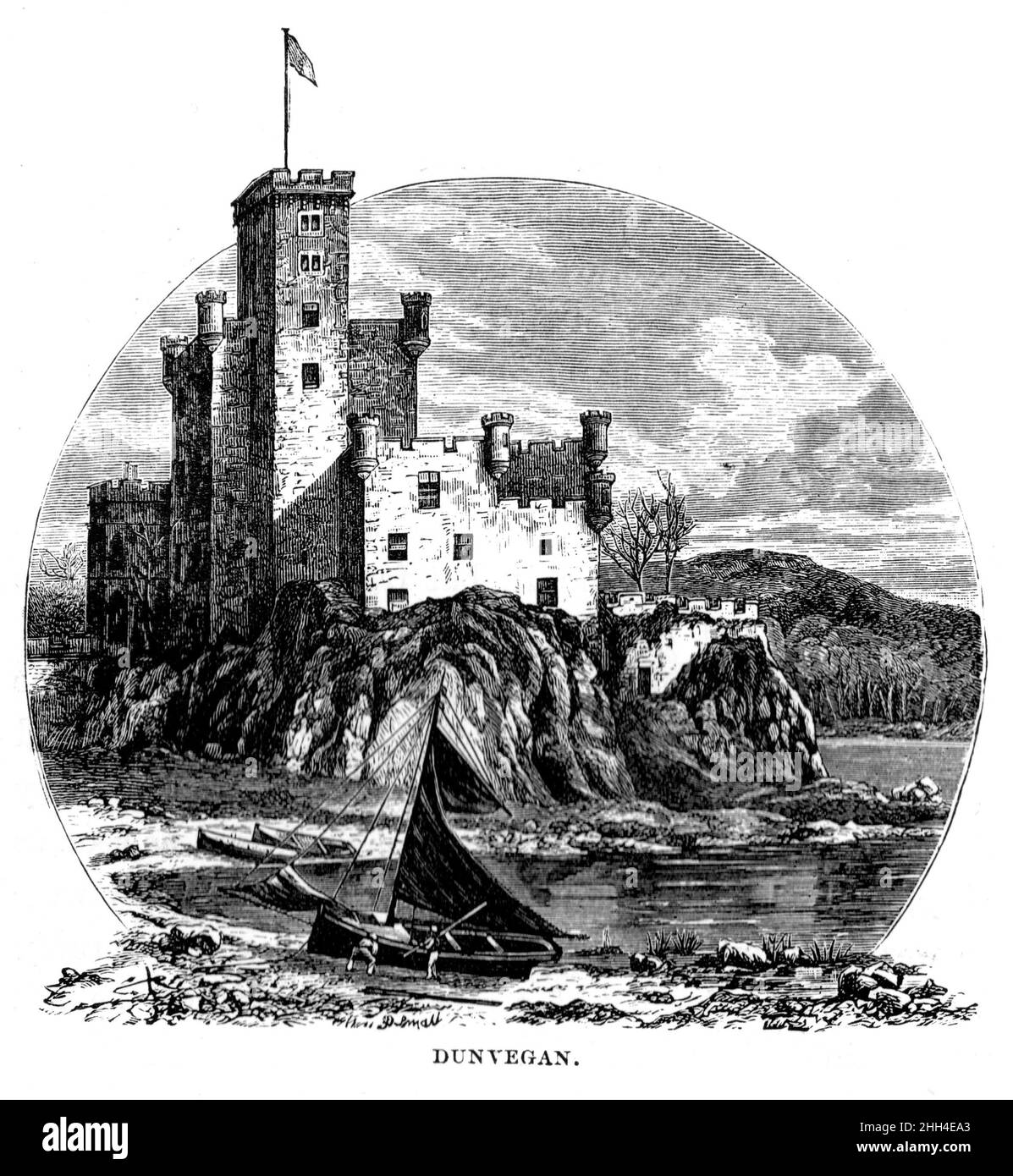 Schwarz-Weiß-Illustration; Dunvegan Castle, Isle of Skye, Schottland Stockfoto