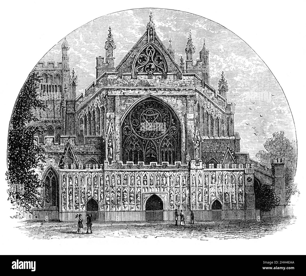 Schwarz-Weiß-Illustration; Westfront der Kathedrale von Exeter, Devon, um 1880 Stockfoto
