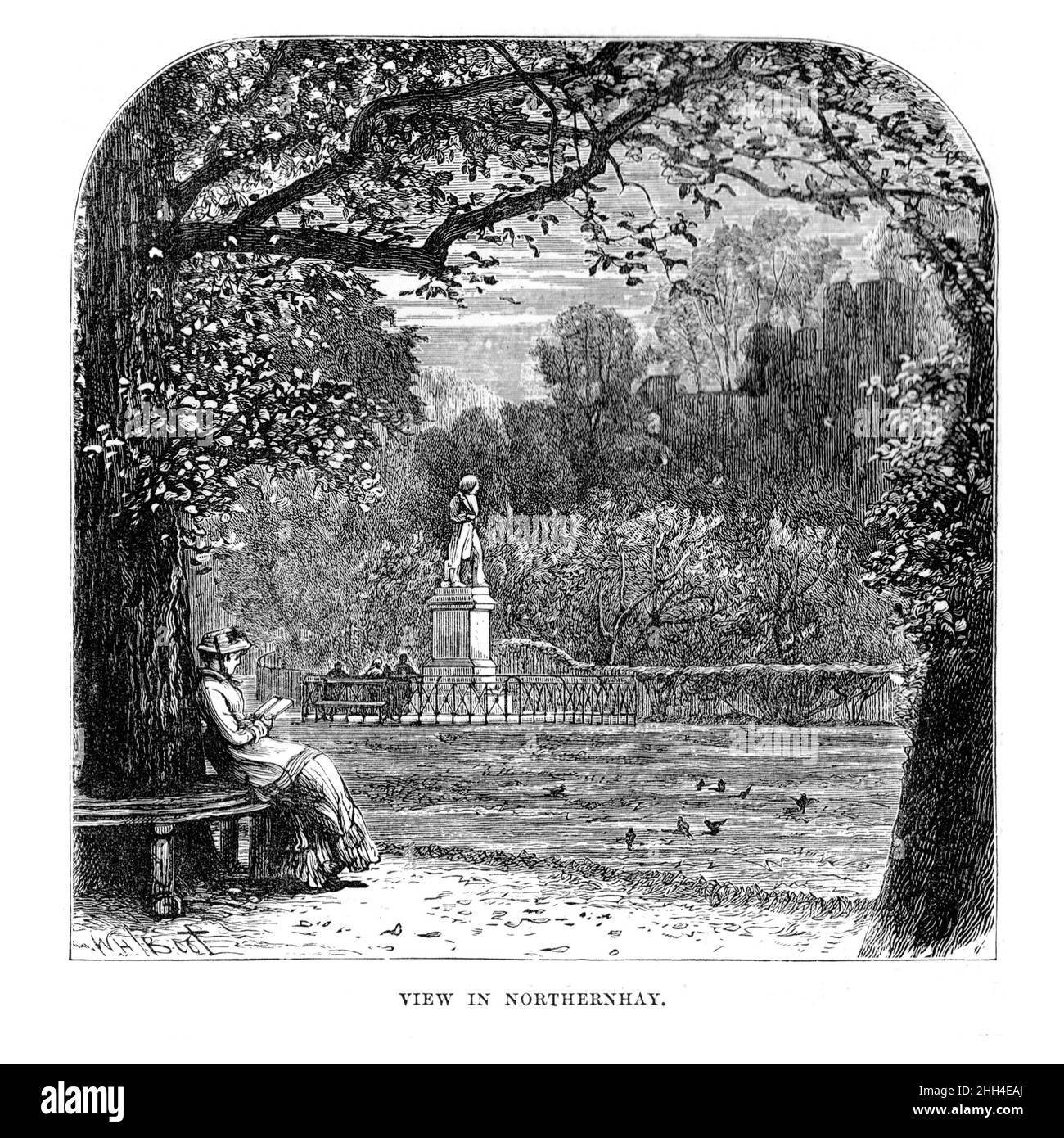 Schwarz-Weiß-Illustration; der Blick von den Northenhay Gardens, Exeter, Devon im 19th. Jahrhundert Stockfoto