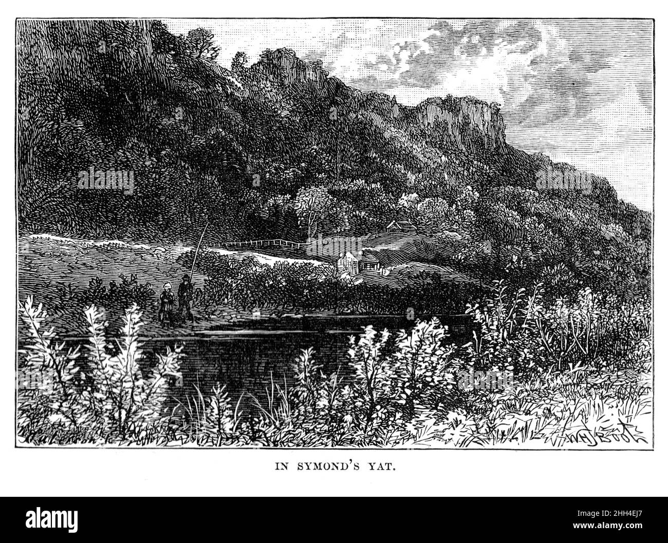 Schwarz-Weiß-Illustration; Symond' Yat am Fluss Wye im 19th. Jahrhundert Stockfoto