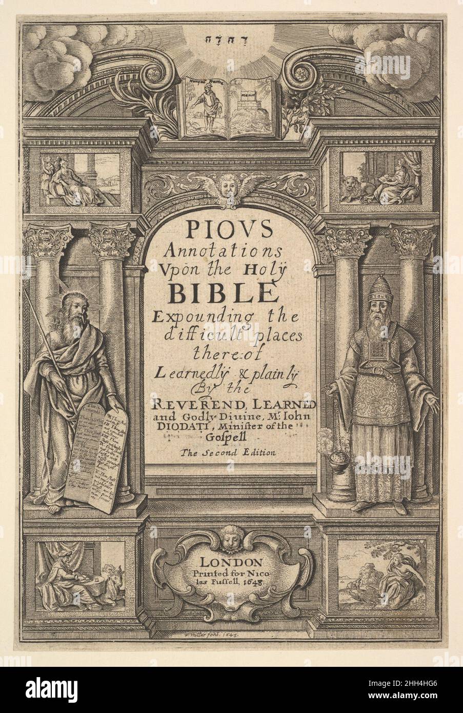 Diodati. Fromme Annotationen 1648 Wenceslaus Hollar Bohemian 'fromm/ Annotationen/ Vpon the Holy/ BIBEL/ die/schwierigen Orte/ davon/ lernend und klar/von dem/ REVEREND LEARNED/ und Goldly Divine, Mr. John/ DIODATI, Minister des/ Gospell/ die zweite Ausgabe. Diodati. Fromme Anmerkungen 361572 Stockfoto