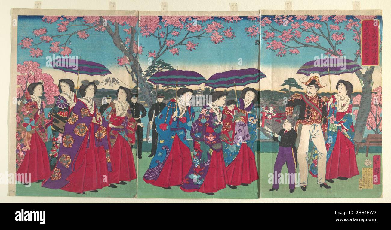 Blick auf den Benten-Schrein auf der Nakanoshima-Insel im Shinobazu-Teich, Ueno-Park, aus der Serie Famous Views of Tokyo (Tōkyō Tokyo meisho yori Ueno kōen Shinobazu no ike Nakanoshima Benten no kei) Mai, 1881 Utagawa Hiroshige III Japanese. Blick auf den Benten-Schrein auf der Nakanoshima-Insel im Shinobazu-Teich, Ueno-Park, aus der Serie Famous Views of Tokyo (Tōkyō Tokyo meisho yori Ueno kōen Shinobazu no ike Nakanoshima Benten no kei) 55274 Stockfoto