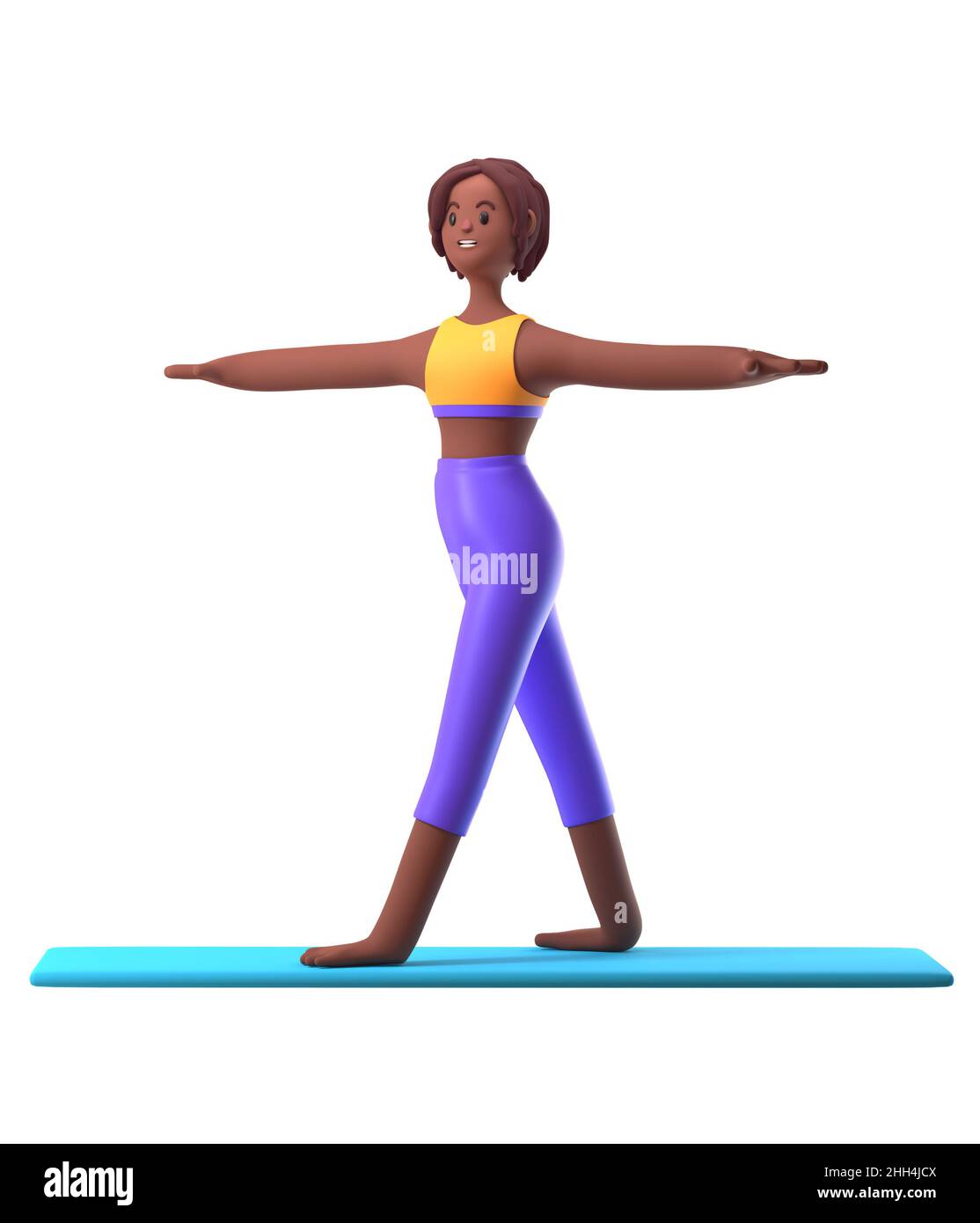 Yoga-Mädchen in stehender Position auf weißem Hintergrund, Karikatur weiblich 3D Zeichen tun Yoga, 3D Illustration Stockfoto