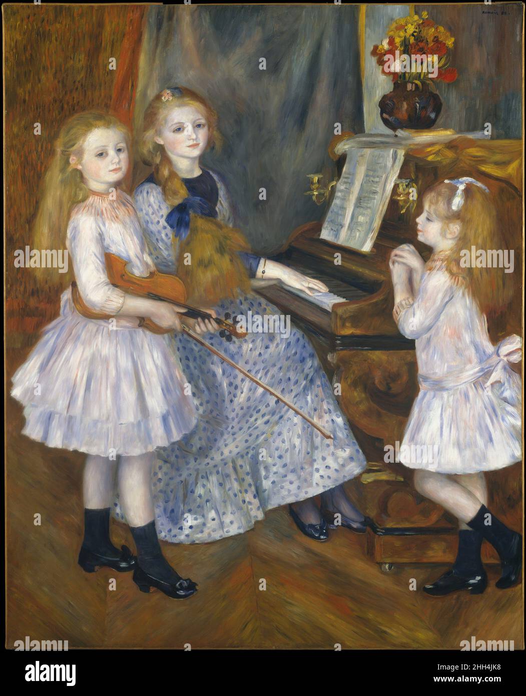 Die Töchter von Catulle Mendès, Huguette (1871–1964), Claudine (1876–1937) und Helyonne (1879–1955) 1888 Auguste Renoir Französisch in der Hoffnung, den Erfolg, den er mit Madame Georges Charpentier und ihren Kindern (07,122) auf dem Salon von 1879 erzielt hatte, zurückzugewinnen, versuchte Renoir, die Töchter seines Freundes Catulle Mendès zu malen. Neben dem offensichtlichen Charme der Mädchen setzte er zweifellos auf die Bekanntheit ihrer böhmischen Eltern, um Aufmerksamkeit zu erlangen: Ihr Vater war ein symbolistischer Dichter und Verleger, und ihre Mutter war die virtuose Pianistin Augusta Holmès. Renoir vollendete die kommission in einer Matte Stockfoto