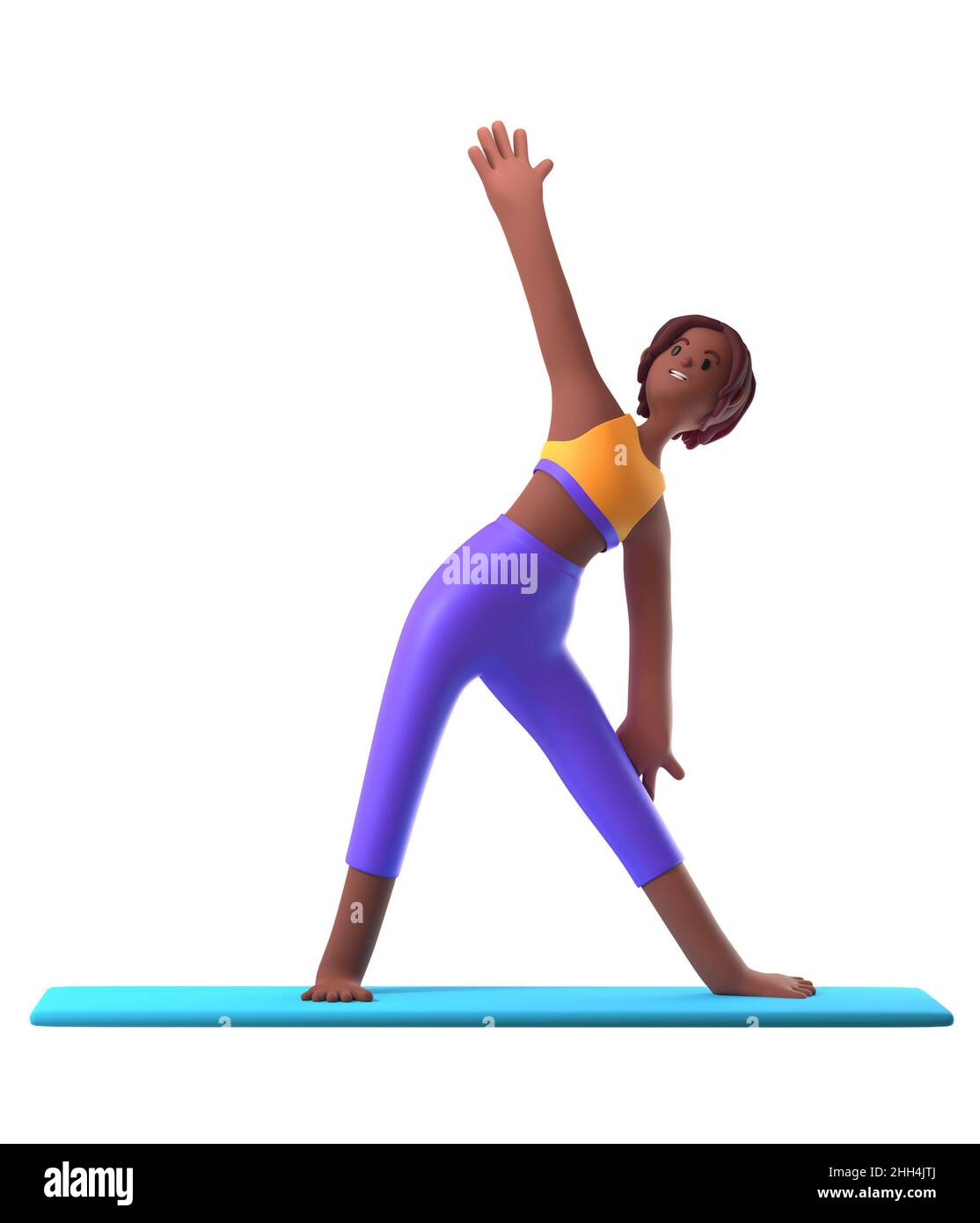 Yoga-Mädchen in stehender Position auf weißem Hintergrund, Karikatur weiblich 3D Zeichen tun Yoga, 3D Illustration Stockfoto