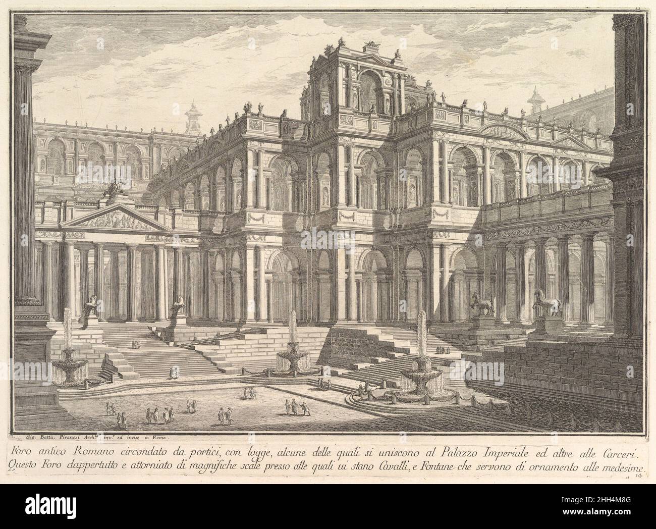 Altes römisches Forum, umgeben von Säulengängen, mit Loggien, von denen einige mit dem Kaiserpalast und andere mit den Gefängnissen kommunizieren ...(Foro antico romano circondata da portici, con logge, alcune delle quali si uniscono al Palazzo Imperiale ... ) Ca. 1750 Giovanni Battista Piranesi Italienisch. Altes römisches Forum, umgeben von Säulengängen, mit Loggien, von denen einige mit dem Kaiserpalast und andere mit den Gefängnissen kommunizieren ...(Foro antico romano circondata da portici, con logge, alcune delle quali si uniscono al Palazzo Imperiale ... ) 365403 Stockfoto