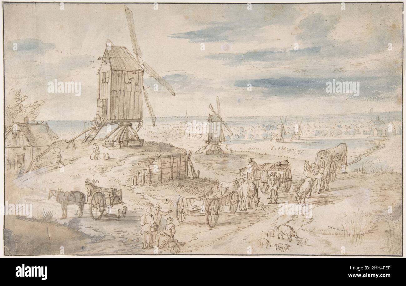 Holländische Landschaft mit Windmühlen 17th. Jahrhundert nach Jan Brueghel dem Älteren Niederländisch. Holländische Landschaft mit Windmühlen 335119 Stockfoto