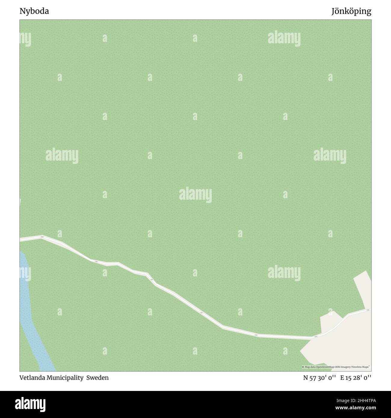 Nyboda, Gemeinde Vetlanda, Schweden, Jönköping, N 57 30' 0'', E 15 28' 0'', map, Timeless Map veröffentlicht im Jahr 2021. Reisende, Entdecker und Abenteurer wie Florence Nightingale, David Livingstone, Ernest Shackleton, Lewis and Clark und Sherlock Holmes haben sich bei der Planung von Reisen zu den entlegensten Ecken der Welt auf Karten verlassen.Timeless Maps kartiert die meisten Orte auf der Welt und zeigt die Verwirklichung großer Träume. Stockfoto