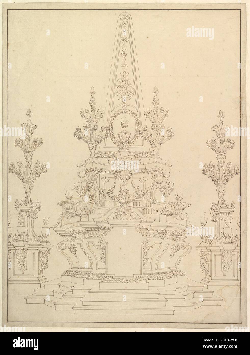 Erhebung einer Catafalque: Zwei Sockel mit Candelabra an den Seiten; mit zentralem Obelisk umgeben von Candelabra.Verso: Architekturskizze: Torbogen und Ecke mit Säulen. 1696–1756 Workshop von Giuseppe Galli Bibiena Italienisch. Erhebung einer Catafalque: Zwei Sockel mit Candelabra an den Seiten; mit zentralem Obelisk umgeben von Candelabra.Verso: Architekturskizze: Torbogen und Ecke mit Säulen. 344442 Stockfoto