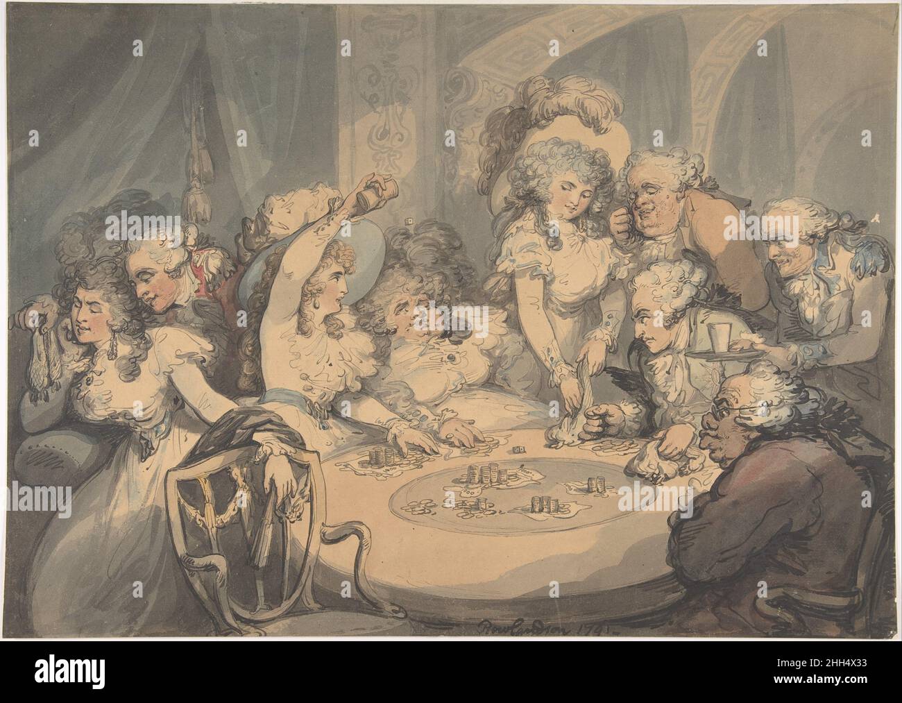 Ein Spieltisch im Devonshire House 1791 Thomas Rowlandson der Brite Rowlandson unterstrich Ende des 18. Jahrhunderts den Einfluss des Glücksspiels auf britische Aristokraten, indem er die Handlung in dieser Verlosung auf zwei Schwestern der Spencer-Familie, Georgiana, Herzogin von Devonshire und Henrietta (Harriet) Ponsonby, Viscountess Duncannon, zentrierte. Sie führen ein nächtliches Gefahrenspiel. Die Umgebung ist wahrscheinlich Devonshire House, Piccadilly, wo die herzogin oft den Salon in einen privaten Glücksspielsalon verwandelte. Hazard, das zwei Würfel und ein abgestufte Wettsystem umfasst, wird für hoch gespielt Stockfoto