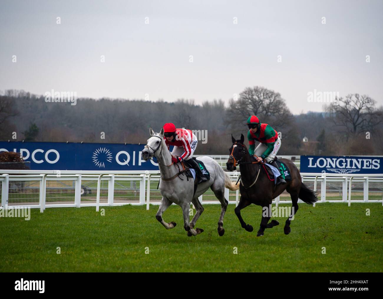 Ascot, Bergen, Großbritannien. 23rd. Januar 2022. Pferd Kateson unter Jockey Tom Bellamy geht vor Pferd Stoner's Choice (Nr. 2) unter Jockey Max Kendrick im SBK Holloway's Handicap Hurdle Race (Klasse 2). Quelle: Maureen McLean/Alamy Stockfoto