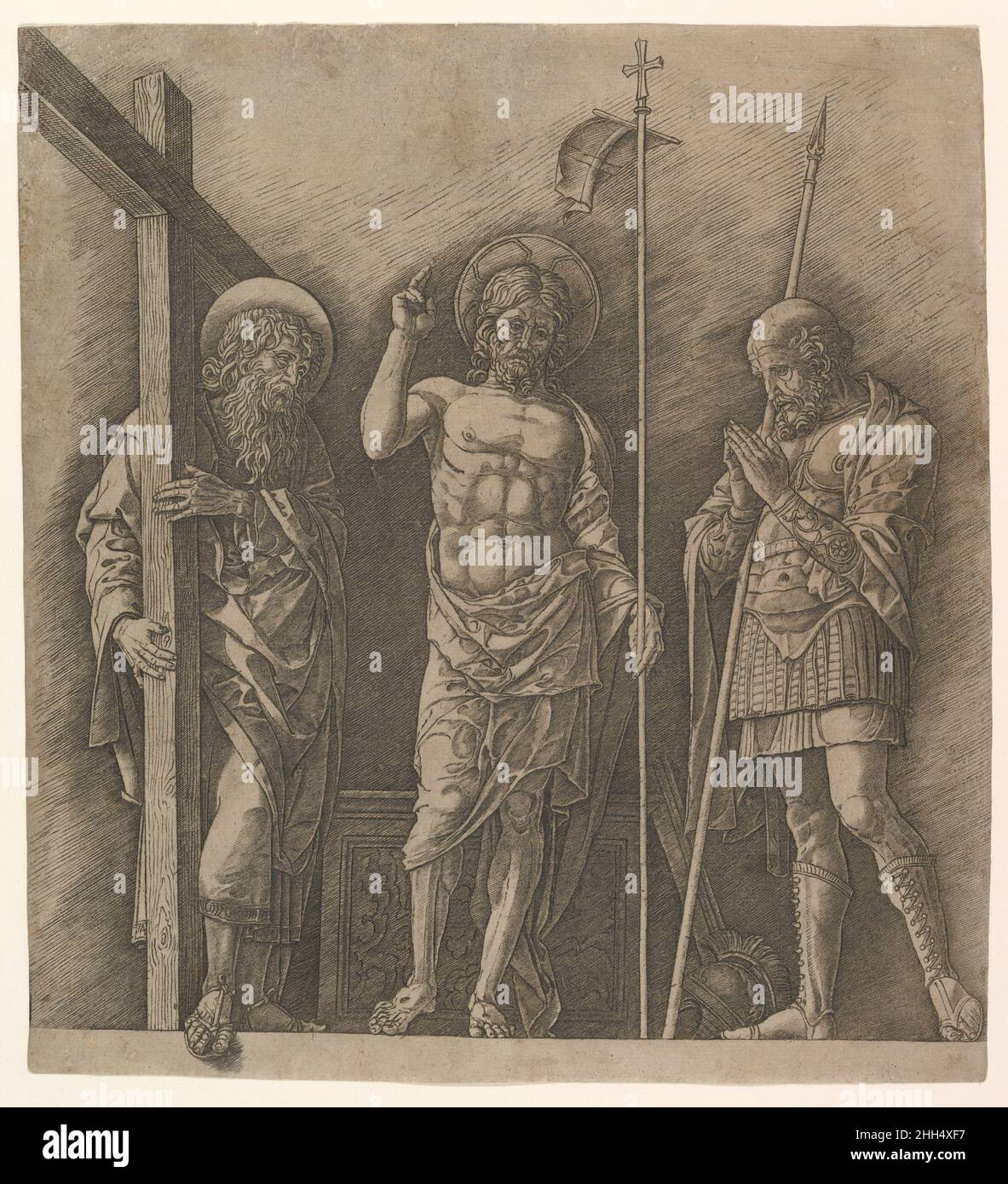 Der auferstandene Christus zwischen den Heiligen Andreas und Longinus Ca. 1472 Andrea Mantegna Italienisch dieser Druck gehört zu einer Kerngruppe von sieben Stichen, die traditionell dem großen Renaissance-Künstler Andrea Mantegna zugeschrieben werden. Satte Effekte von Ton und Modellierung werden durch paralleles diagonales Schraffieren erzielt, das in diesem Druck so fein gerendert ist, dass sich die Linien aufzulösen scheinen. Starke Konter, die so vielfältig und formbar sind wie eine Stiftlinie, schnitzen die Figuren kraftvoll aus. Die außergewöhnliche Geschicklichkeit, mit der das Gravierwerkzeug gehandhabt wird, trennt diese Gruppe von sieben von anderen Prints prod Stockfoto