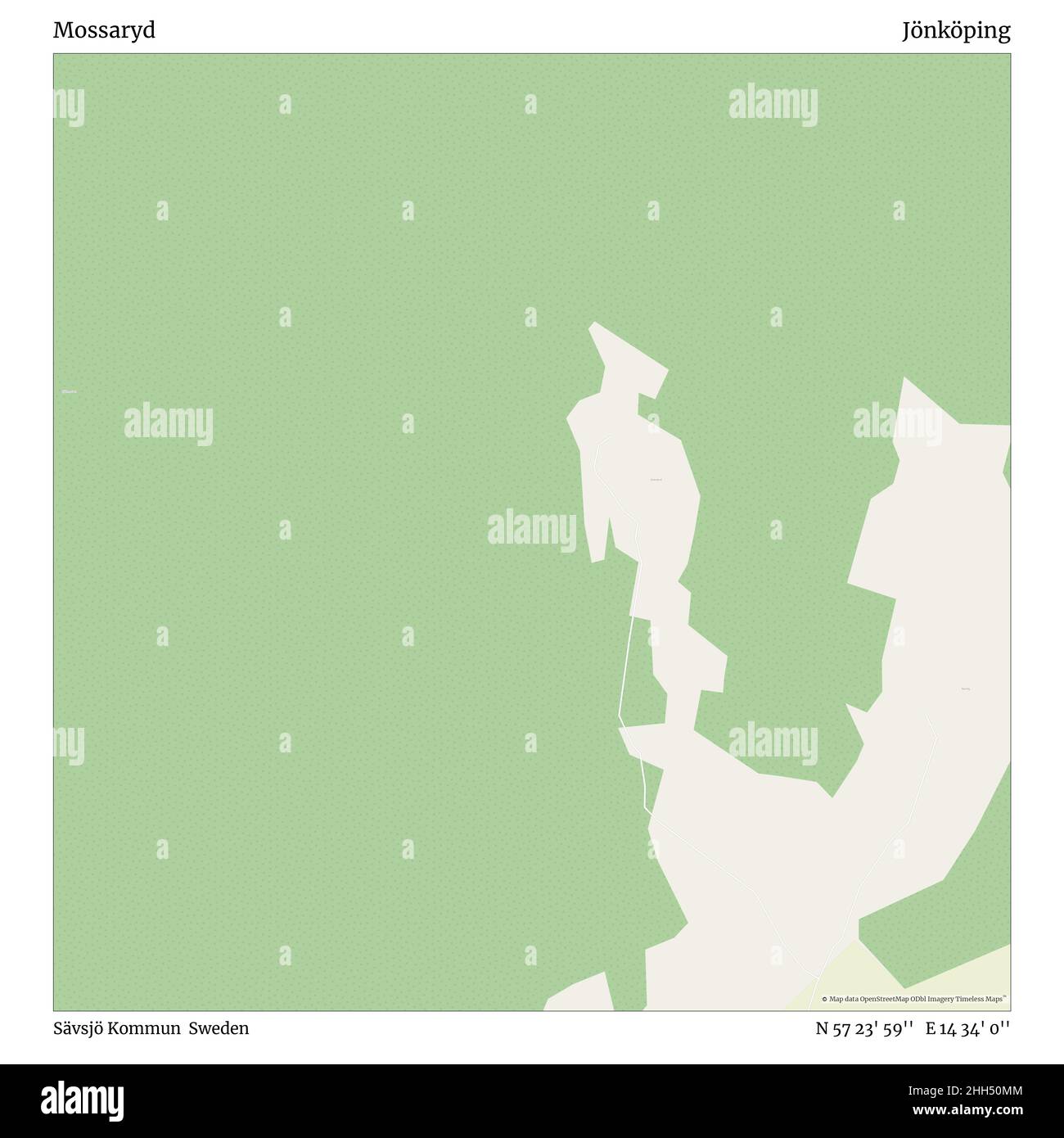 Mossaryd, Sävsjö Kommun, Schweden, Jönköping, N 57 23' 59'', E 14 34' 0'', map, Timeless Map veröffentlicht im Jahr 2021. Reisende, Entdecker und Abenteurer wie Florence Nightingale, David Livingstone, Ernest Shackleton, Lewis and Clark und Sherlock Holmes haben sich bei der Planung von Reisen zu den entlegensten Ecken der Welt auf Karten verlassen.Timeless Maps kartiert die meisten Orte auf der Welt und zeigt die Verwirklichung großer Träume. Stockfoto