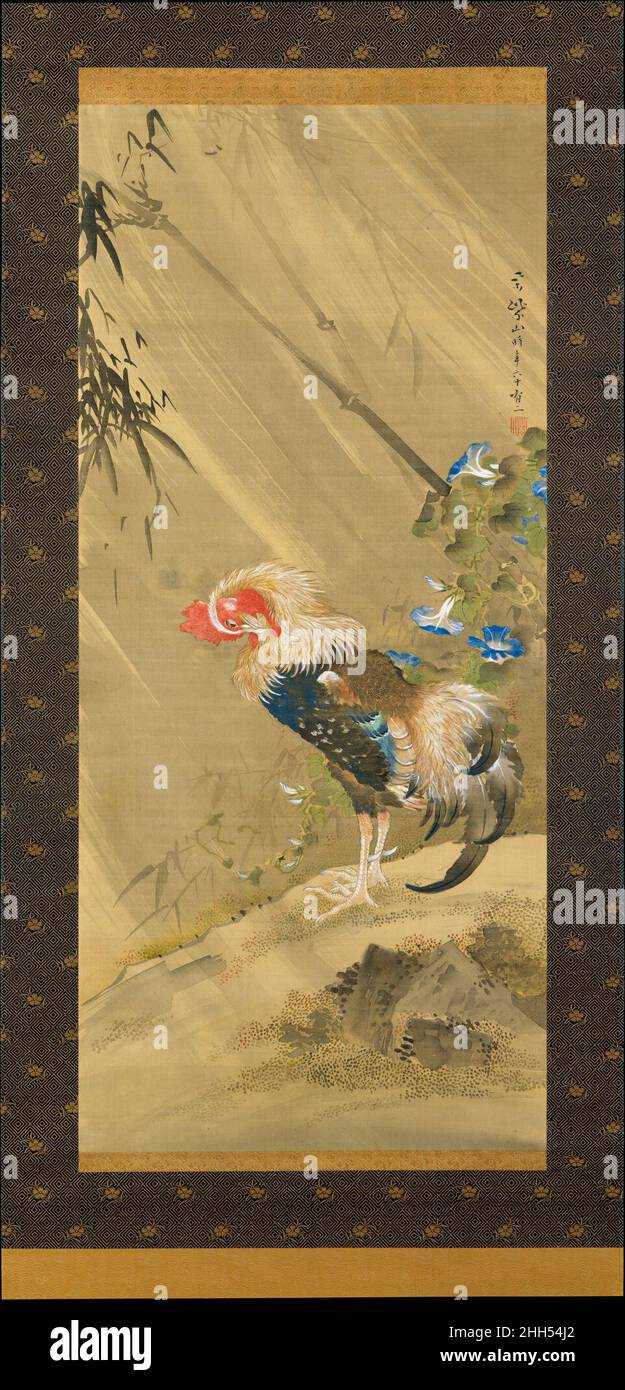 Hahn in einem Sturm 1783 Sō Shizan Japanese Diese Schriftrolle zeigt einen Hahn in einem Regensturm. Der Künstler appliziert Tinte mit großer Sensibilität, um die geblasenen Bambusblätter und starke Windböen darstellen, und brillante Farben, um die blauen Morgen Herrlichkeit und den herrlichen Hahn zu machen. Blumen und Vögel sind völlig durchnässt und ungeordnet. Der Hahn, der gegen den Sturm hakelt, zeigt eine unzerbrechliche Entschlossenheit, die er aushalten kann. Am oberen rechten Rand des Gemäldes befindet sich die Unterschrift des Künstlers, sein einundsechzigjähriger, und sein Siegel mit der Aufschrift „Shizan“. In der Edo-Periode war Shizan der l Stockfoto