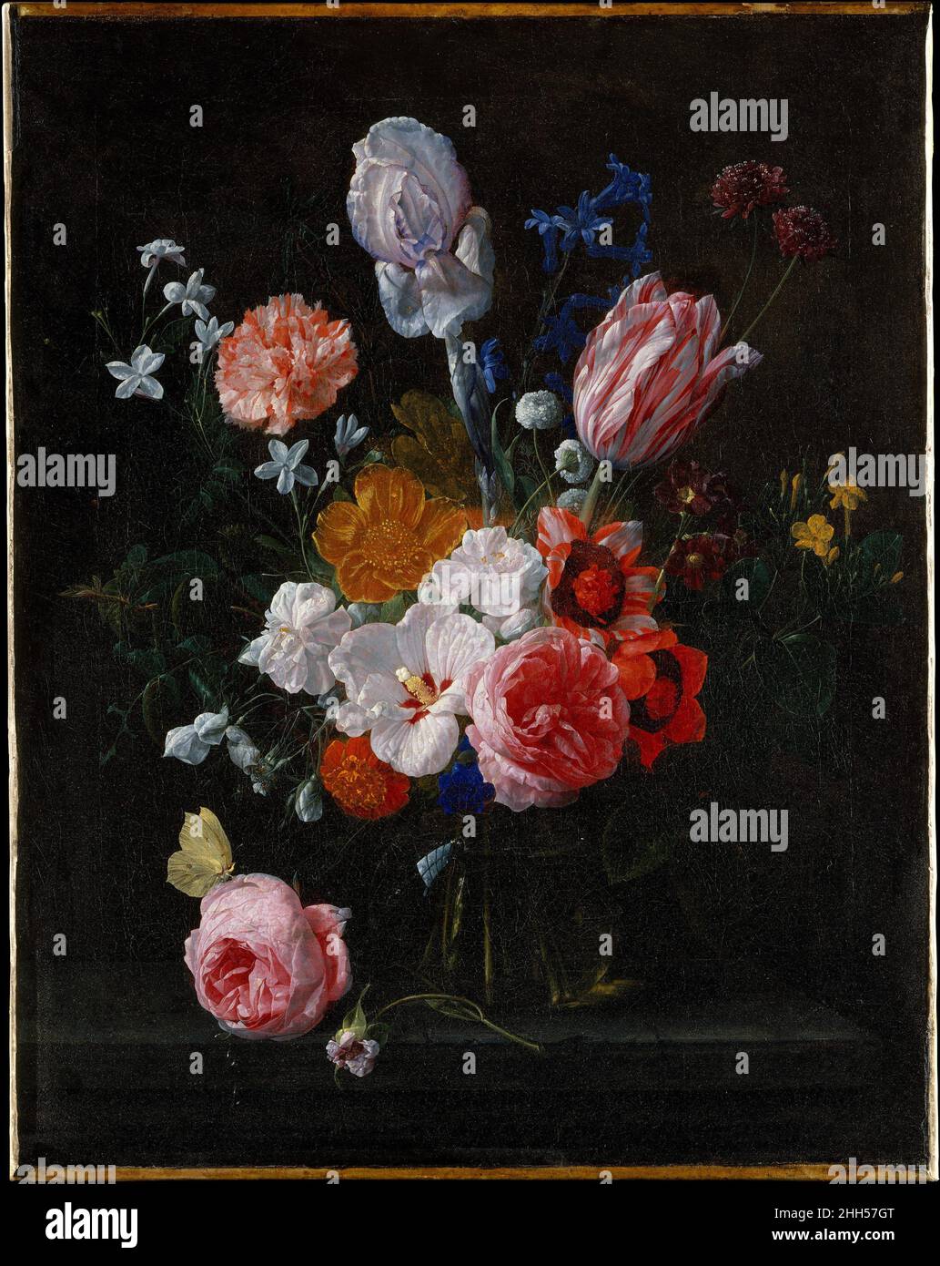 Ein Blumenstrauß in einer Kristallvase 1662 Nicolaes van Veerendael der Flämische Van Veerendael wurde von zwei der führenden Blumenmaler Antwerpens, Jan Davidsz de Heem und Daniel Seghers, beeinflusst. In diesem frühen Werk scheint die Evidenz akuter Beobachtung ein Vermächtnis von De Heems holländischen Ursprüngen zu sein, aber das Gesamtdesign und die Behausung auf botanische Details setzen die flämische Tradition von Seghers Meister, Jan Brueghel d. Ä., fort. Ein Blumenstrauß in einer Kristallvase 437867 Stockfoto