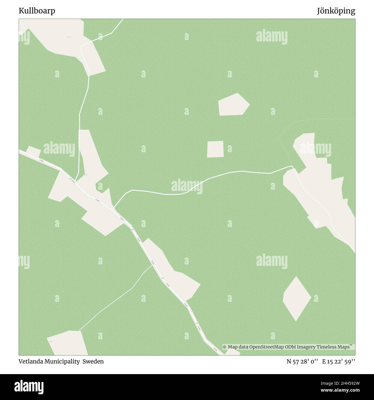 Kullboarp, Gemeinde Vetlanda, Schweden, Jönköping, N 57 28' 0'', E 15 22' 59'', map, Timeless Map veröffentlicht im Jahr 2021. Reisende, Entdecker und Abenteurer wie Florence Nightingale, David Livingstone, Ernest Shackleton, Lewis and Clark und Sherlock Holmes haben sich bei der Planung von Reisen zu den entlegensten Ecken der Welt auf Karten verlassen.Timeless Maps kartiert die meisten Orte auf der Welt und zeigt die Verwirklichung großer Träume. Stockfoto