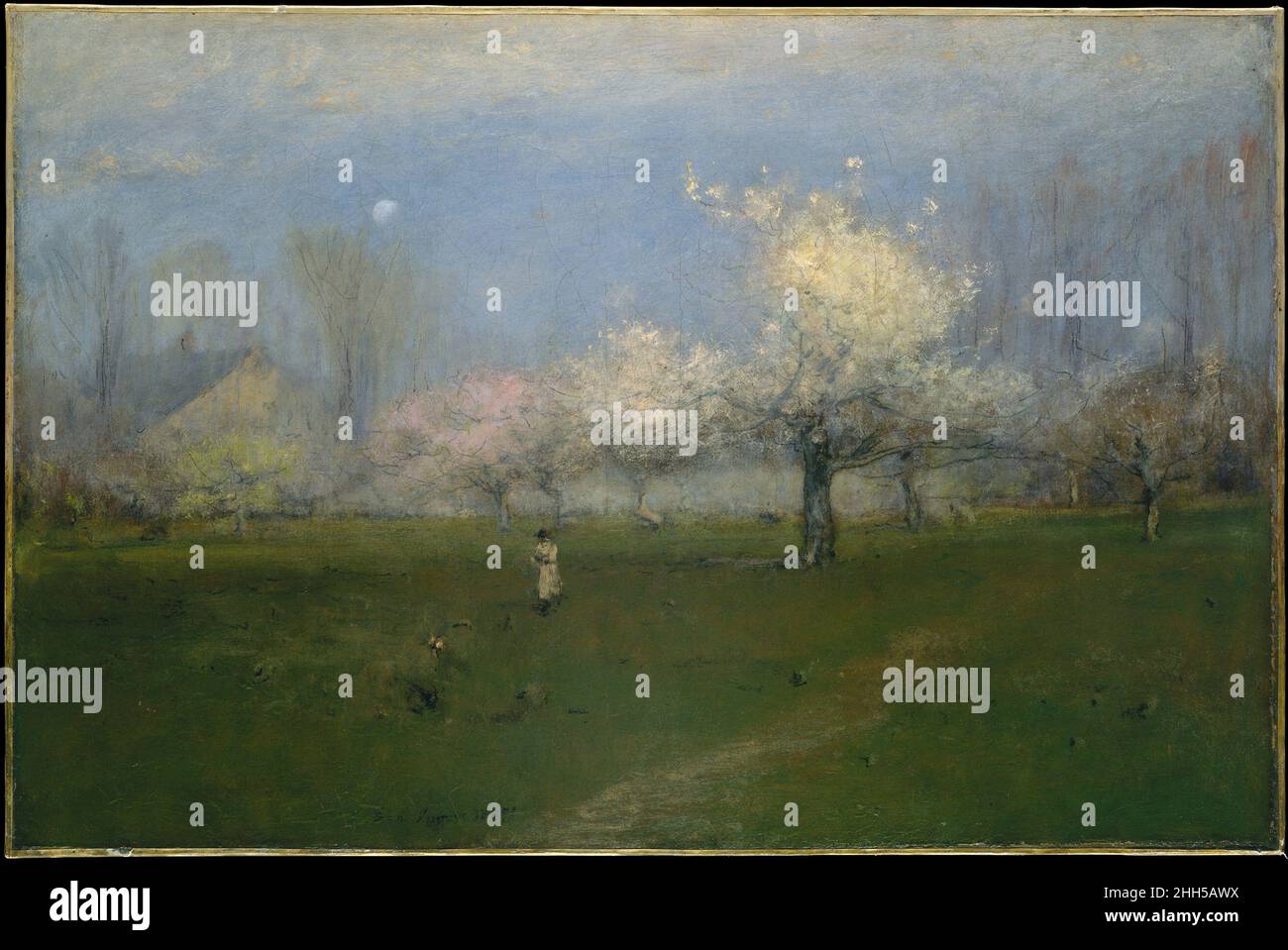 Spring Blossoms, Montclair, New Jersey ca. 1891 George Inness der Amerikaner George Inness, der seine Karriere als Maler im Hudson River School-Modus begann, umarmte während seiner langen Karriere eine Vielzahl von Stilen. Die Beschäftigung mit dem Werk französischer Barbizon-Künstler sowie mit der pantheistischen Philosophie des schwedischen Wissenschaftlers und Theologen Emanuel Swedenborg veranlassten ihn, einen persönlicheren Umgang mit der Malerei zu entwickeln. Inness’s spätere Landschaften, wie dieses Werk, wurden immer ausdrucksvoller und atmosphärischer. Im Jahr 1880s eine jüngere Generation von in Europa ausgebildeten Künstlern, deren Arbeit von den Franzosen unterrichtet wurde Stockfoto