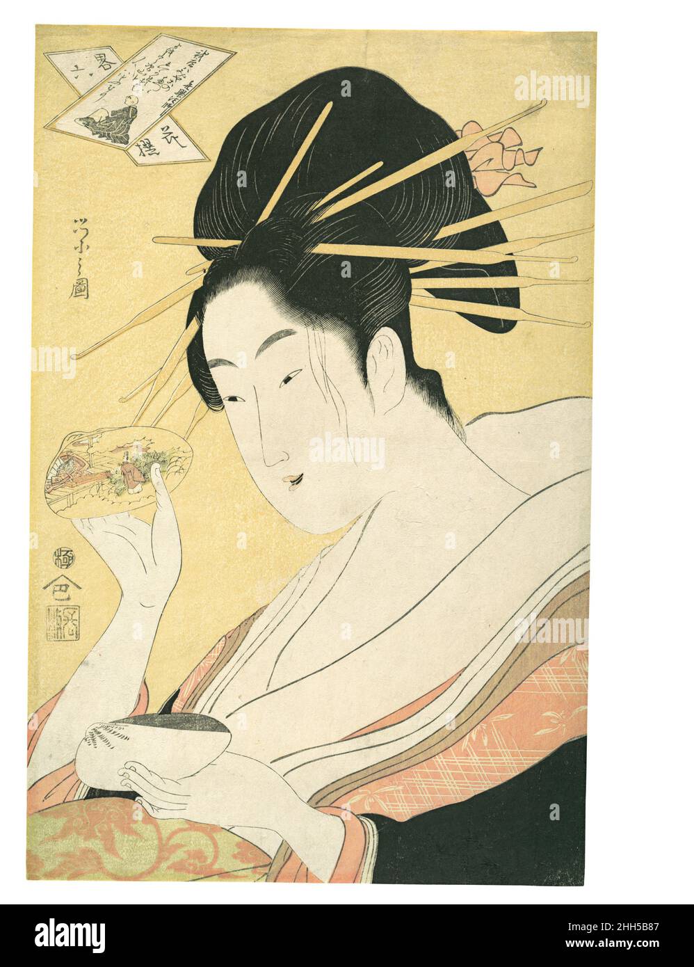 Passende Muscheln (Kai-awase), „Kisen Hōshi“, aus der Serie Moderne Parodien der sechs poetischen Unsterbaren (Yatsushi rokkasen: Kisen Hōshi) ca. 1796–98 Chōbunsai Eishi Japanese Dieses Bild fängt die Mode für halblange Porträts von Schönheiten ein, die zu einem Markenzeichen von Chōbunsai Eishis Zeitgenosse, Kitagawa Utamaro (ca. 1753–1806). Entsprechend dem Serientitel bedient sie sich der parodischen Vorrichtung, mit der Figuren der Vergangenheit in zeitgenössischem Gewand dargestellt werden, manchmal als Person mit niedrigerem Status oder einem anderen Geschlecht. Hier wird der Heian-Zeit-Mönch-Dichter Kisen Hōshi durch einen Höflingen vertreten Stockfoto