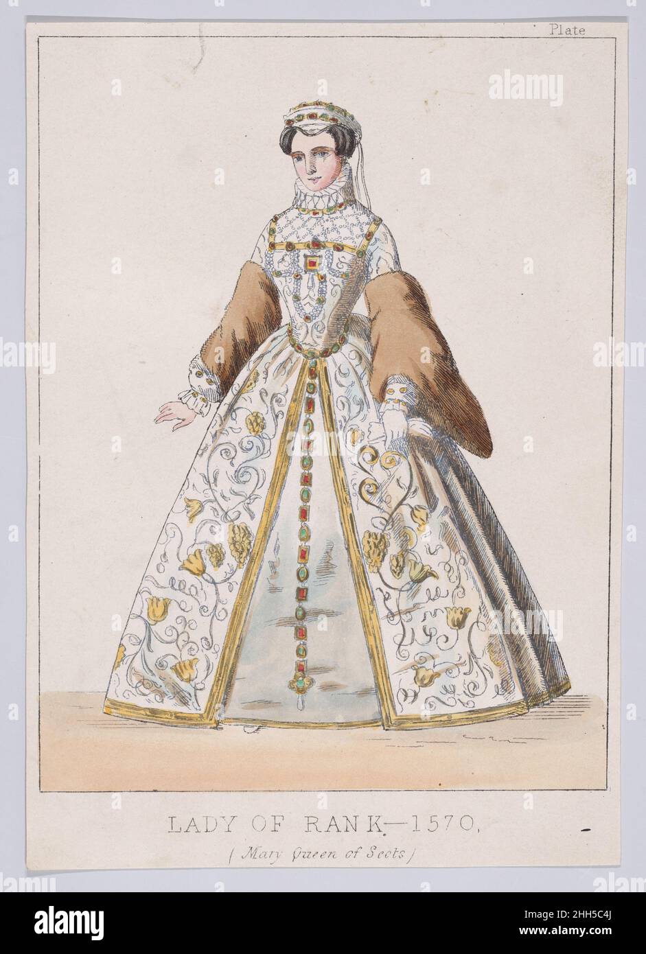 Mary, Königin der Schotten als Lady of Rank (aus 'Weibliche Kostüme, historisch, national und dramatisch', Tafel 163) ca. 1865 Thomas Hailes Lacy British. Mary, Königin der Schotten als Dame des Ranges (aus „Weibliche Kostüme, historisch, national und dramatisch“, Tafel 163). Thomas Hailes Lacy (London). Ca. 1865. Radierung und Gravur. Thomas Hailes Lacy (London). Mary, Queen of Scots (Britisch, Linlithgow 1542–1587 Fotheringhay). Ausdrucke Stockfoto