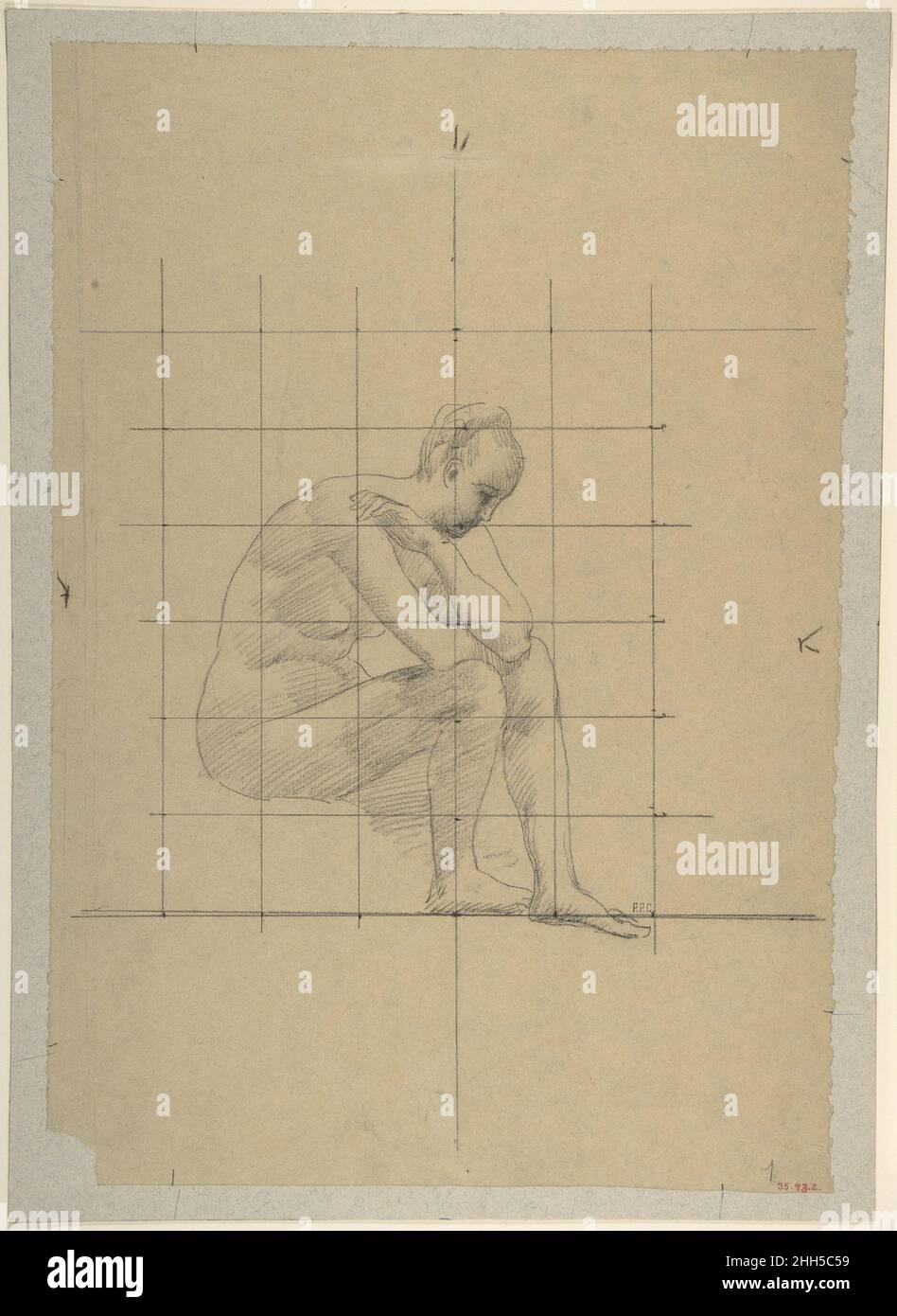 Sitzende Figur: Studie für „Eine Vision der Antike“ 1883–85 Pierre Puvis de Chavannes Französisch die Abflachung und Vereinfachung der Form in dieser Zeichnung steht im Einklang mit der Ästhetik, die Puvis für seine klassizistischen Wandbilder im Jahr 1880s entwickelt hat. Diese kontemplative weibliche Figur erscheint drapiert in 'A Vision of Antiquity' (1885), einem von vier Wandgemälden, die der Künstler für die Treppe des Musée des Beaux-Arts in seiner Heimatstadt Lyon fertigstellte. Puvis behielt die psychologische und physische Isolation dieser Figur aufrecht, als er sie in den Kontext des Gemäldes übertrug, wo sie von anderen umgeben ist. Der Stockfoto