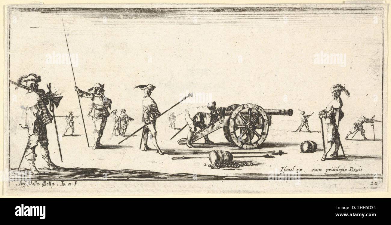 Tafel 10: Ein Soldat, der eine Kanone in der Mitte anfeuert, andere Soldaten mit Picks links und rechts, von 'Truppen, Kanonen und Angriffen auf Städte' (Dessins de quelques conduites de troupes, Kanonen, et ataques de villes) ca. 1640 Stefano della Bella Italienisch. Tafel 10: Ein Soldat, der eine Kanone in der Mitte anfeuert, andere Soldaten mit Picks links und rechts von „Truppen, Kanonen und Angriffen auf Städte“ (Dessins de quelques conduites de troupes, Canons, et ataques de villes). „Truppen, Kanonen und Angriffe auf Städte“ (Dessins de quelques conduites de troupes, canons, et ataques de villes). Stefa Stockfoto
