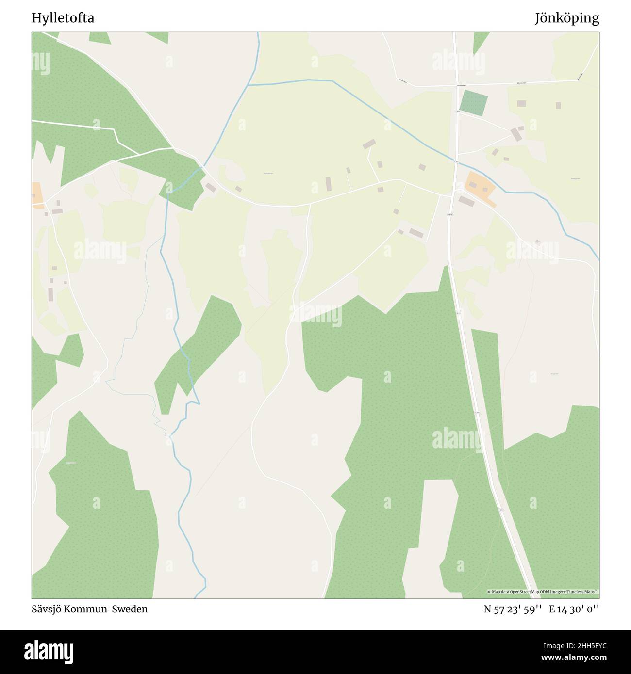 Hylletofta, Sävsjö Kommun, Schweden, Jönköping, N 57 23' 59'', E 14 30' 0'', map, Timeless Map veröffentlicht im Jahr 2021. Reisende, Entdecker und Abenteurer wie Florence Nightingale, David Livingstone, Ernest Shackleton, Lewis and Clark und Sherlock Holmes haben sich bei der Planung von Reisen zu den entlegensten Ecken der Welt auf Karten verlassen.Timeless Maps kartiert die meisten Orte auf der Welt und zeigt die Verwirklichung großer Träume. Stockfoto