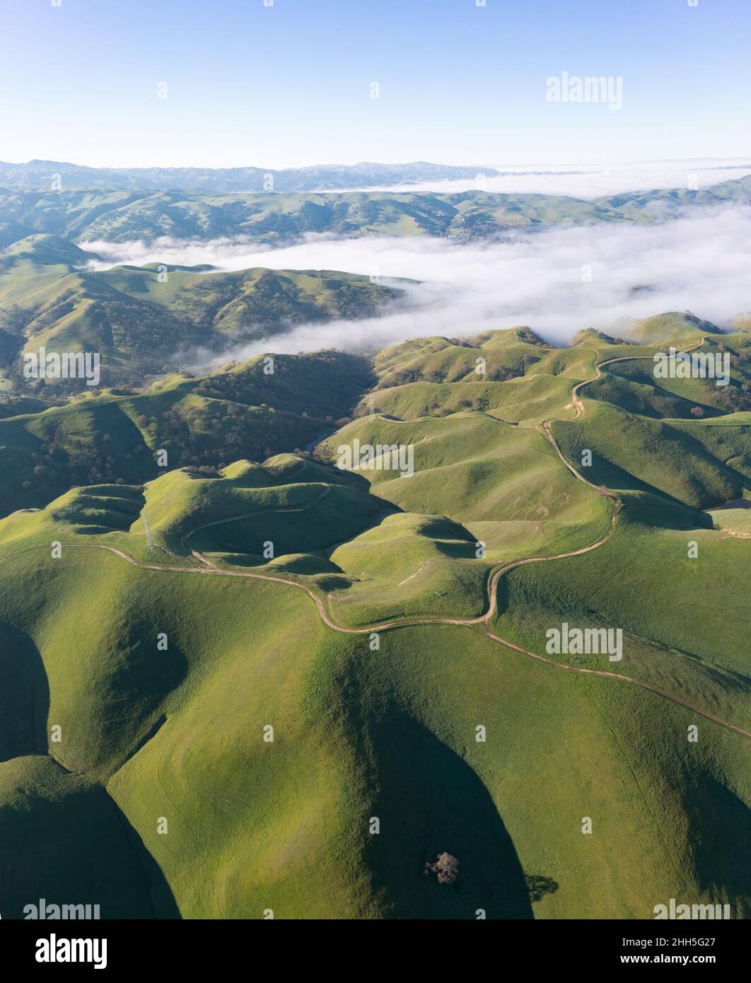 Das Morgenlicht leuchtet auf den malerischen, sanften Hügeln und Tälern der Tri-Valley-Region Nordkaliforniens, östlich der San Francisco Bay. Stockfoto