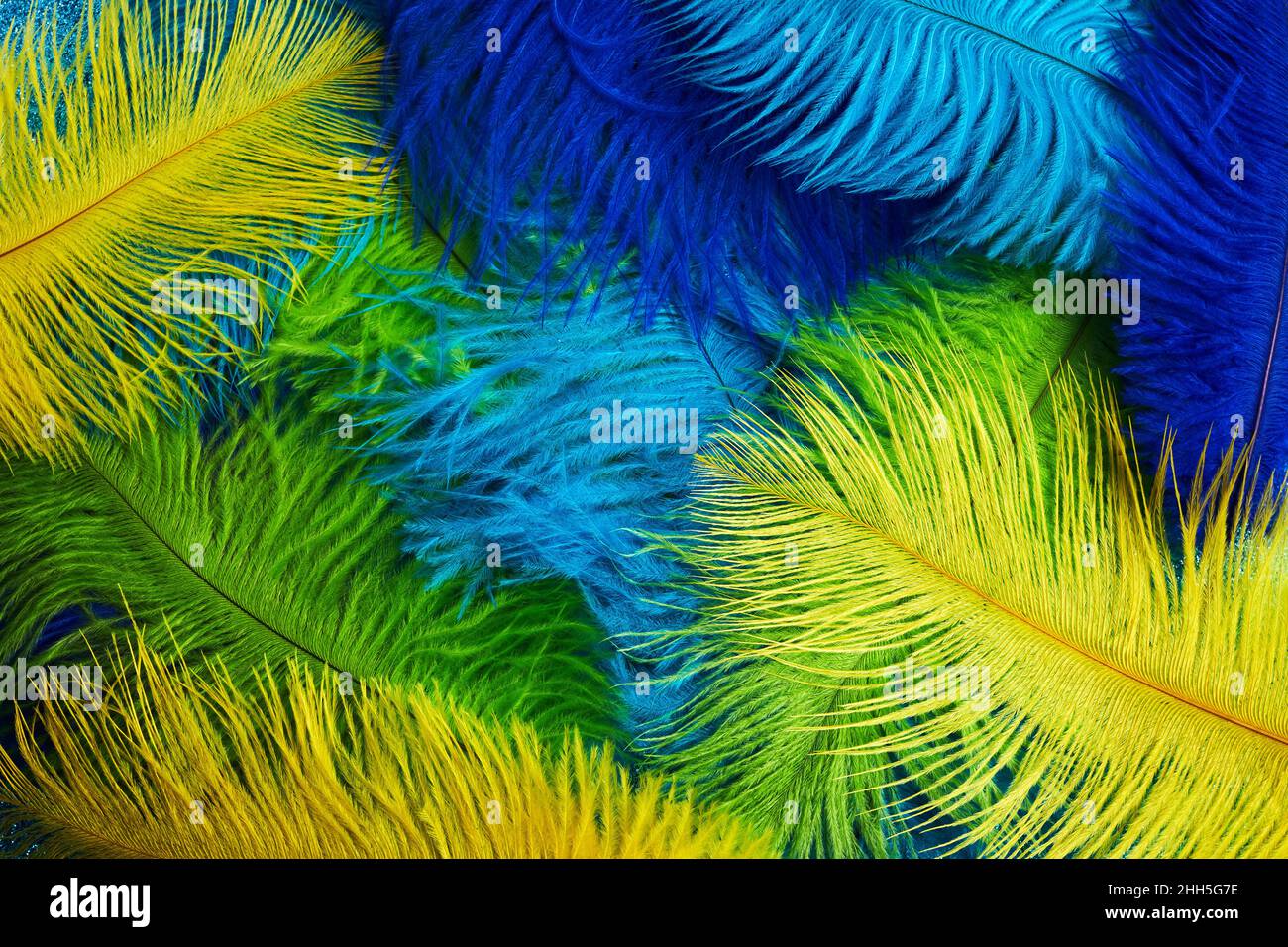 Brasilianischer Hintergrund aus Federn in der brasilianischen ethnischen Farbe. Karneval in Rio, mardi Gras Hintergrund Stockfoto