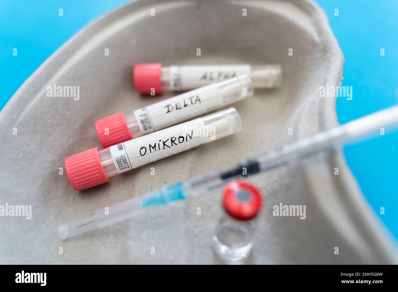 COVID-Variantenproben und Injektion mit Impfstofffläschchen in Nierenschale Stockfoto