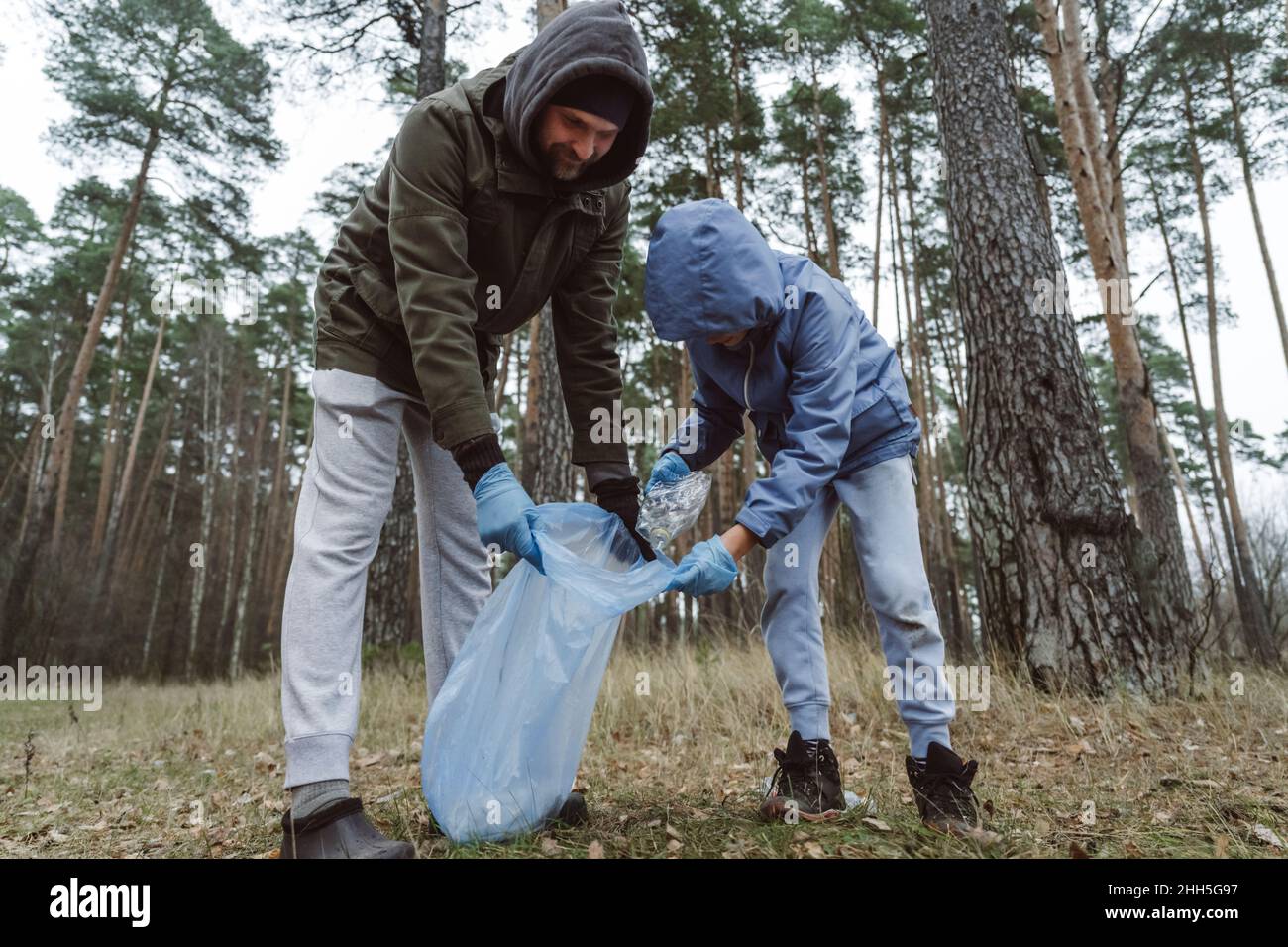 Vater und Sohn sammeln Plastikmüll in Mülltüten im Wald Stockfoto