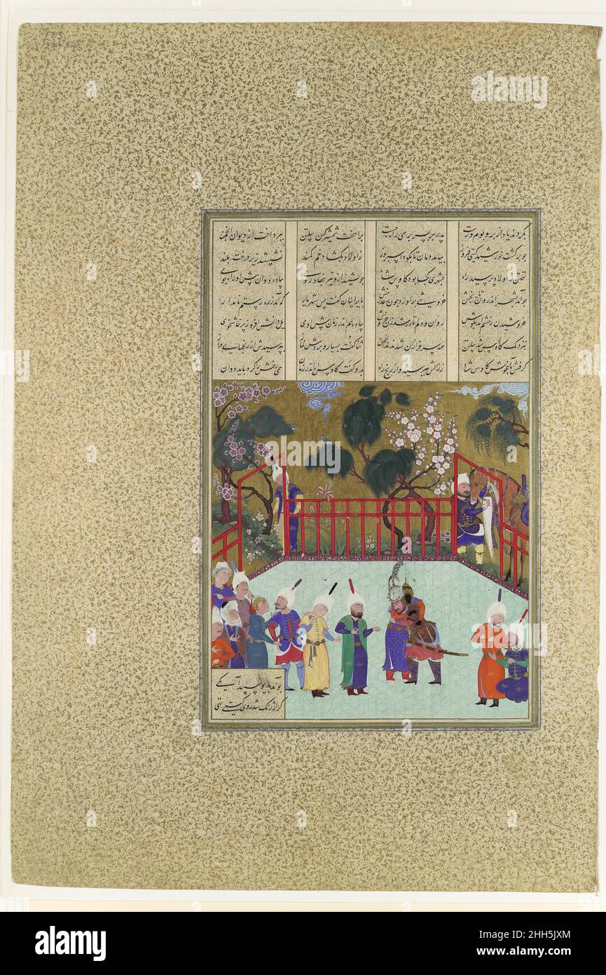 'Kai Kavus und Rustam umarmen', Folio 123r aus dem Shahnama (Buch der Könige) von Shah Tahmasp ca. 1525–30 Abu'l Qasim Firdausi Aulad führt Rustam nun zum Gefangenen Kai Kavus und seinem Kontingent, die alle geblendet wurden. Der schah umarmt Rustam und rät ihm dann, die Weiße Div zu finden, bevor er entdeckt wird, um ihn einzubringen und sein Blut in die Augen der Iraner zu Tropfen, um ihr Sehvermögen wiederherzustellen. 'Kai Kavus und Rustam umarmen', Folio 123r aus dem Shahnama (Buch der Könige) von Shah Tahmasp 452127 Stockfoto