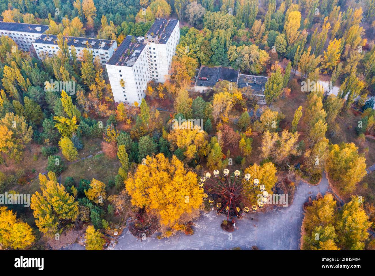 Ukraine, Kiew Oblast, Pripjat, Luftaufnahme der verlassenen Stadt im Herbst Stockfoto