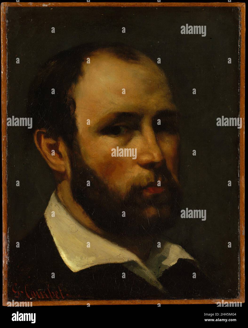 Porträt eines Mannes wahrscheinlich ca. 1862 Gustave Courbet Französisch die markante, zurückgehende Haarlinie und die vollen Lippen deuten darauf hin, dass der Sitter für dieses informelle Porträt der Dealer Jules Luquet sein könnte, ein Unterstützer und Freund von Courbets Beginn im Jahr 1860s. In Größe, Zusammensetzung und Handhabung ähnelt das Bild dem Porträt des Malers Auguste Fajon (Musée Fabre, Montpellier) aus dem Jahr 1862 und stammt wahrscheinlich ungefähr zur gleichen Zeit. Courbet scheint das Format für Darstellungen von Menschen bevorzugt zu haben, die er gut kannte. Eine locker gemalte Leinwand in einer Schweizer Privatsammlung wurde identifie Stockfoto