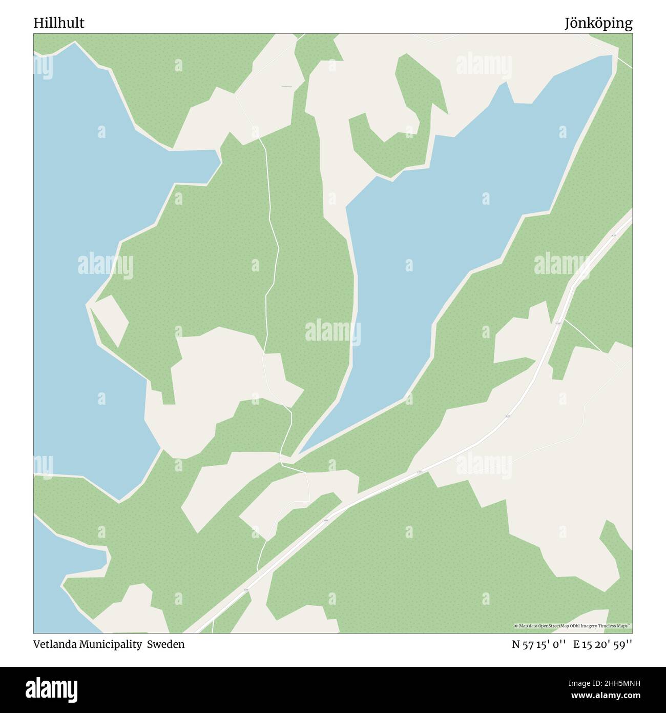 Hillhult, Gemeinde Vetlanda, Schweden, Jönköping, N 57 15' 0'', E 15 20' 59'', map, Timeless Map veröffentlicht im Jahr 2021. Reisende, Entdecker und Abenteurer wie Florence Nightingale, David Livingstone, Ernest Shackleton, Lewis and Clark und Sherlock Holmes haben sich bei der Planung von Reisen zu den entlegensten Ecken der Welt auf Karten verlassen.Timeless Maps kartiert die meisten Orte auf der Welt und zeigt die Verwirklichung großer Träume. Stockfoto