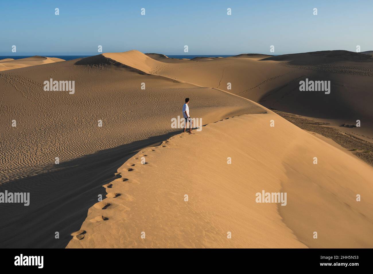 Junger Mann, der bei Sonnenuntergang auf Sanddüne läuft, Kanarische Inseln, Spanien Stockfoto