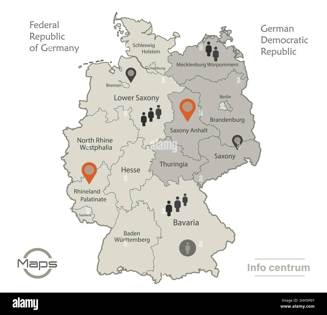 Deutschland Karte aufgeteilt auf West-und Ostdeutschland mit Regionen und Namen Karte, Infografiken und Symbole Vektor Stock Vektor
