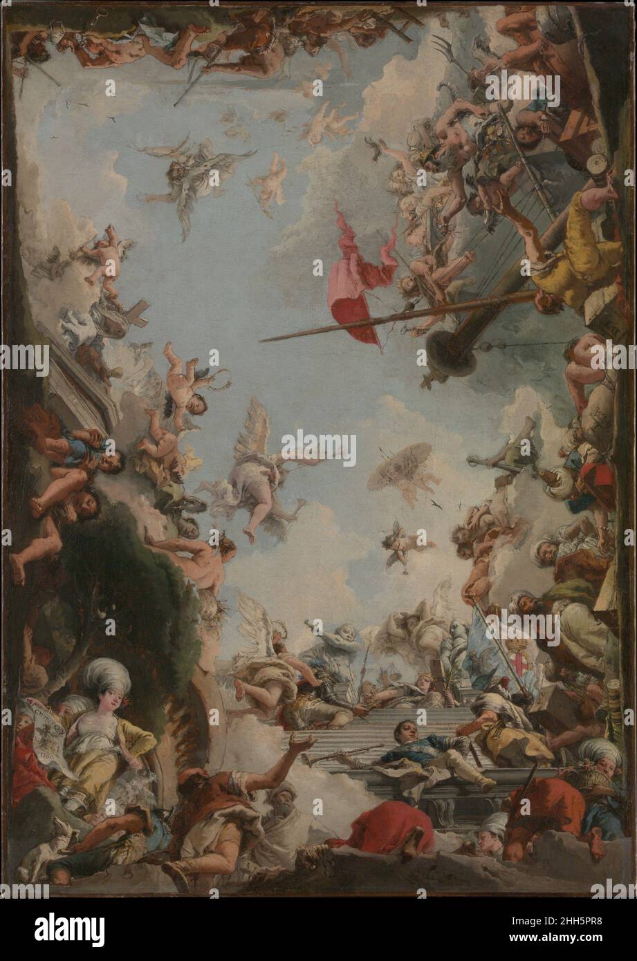 Die Verherrlichung der Familie Giustiniani 1783 Giovanni Domenico Tiepolo Italienisch Diese Ölskizze ist eine wertvolle Aufzeichnung einer Decke im herzoglichen Palast von Genua, die im Jahr 1860s zerstört wurde. Tiepolos Komposition lässt sich mit der Deckengestaltung seines Vaters für Würzburg vergleichen, die Domenico mit ausgeführt hat (siehe die Ölskizze für dieses Gemälde in der Nähe). Der jüngere Tiepolo stellte einen Patriarchen der Familie Giustiniani, Jacopo, oben auf einer Treppe dar und kniete vor einer Personifizierung der ligurischen Republik. Links ist eine weibliche Personifikation der ägäischen Insel Chios, die die Giustiniani Stockfoto