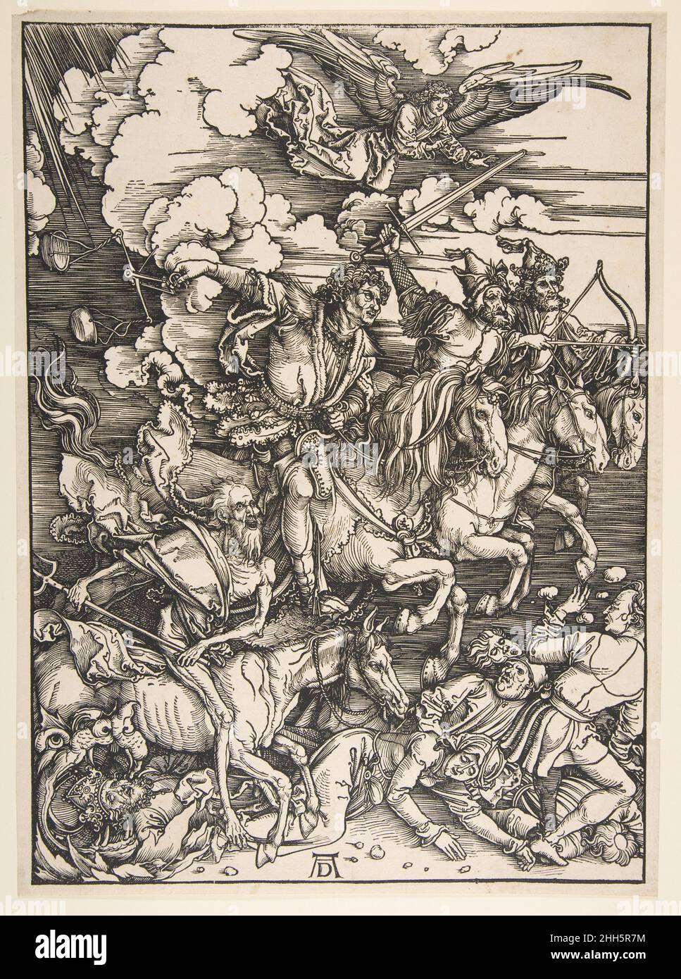Vier Reiter der Apokalypse ca. 1497/1498 Albrecht Dürer Deutsch der dritte Holzschnitt aus der Dürer-Apokalypse, die vier Reiter, stellt eine dramatisch destillierte Version der Passage aus dem Buch der Offenbarung (6:1-8) dar. Dürer transformiert ein relativ verstautes und ungefährliches Bild in früheren illustrierten Bibeln und injiziert diesem Höhepunkt durch seine subtile Manipulation des Holzblocks Bewegung und Gefahr. Die parallelen Linien über das Bild bilden einen grundlegenden Mittelton, gegen den der Künstler die kraftvollen Formen der vier Pferde und Reiter – aus – silhoutiert und überlappt Stockfoto