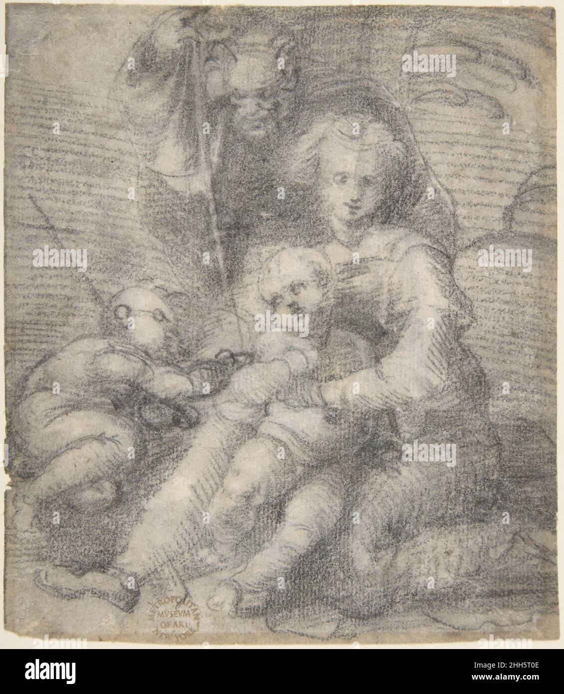 Die Heilige Familie mit Johannes dem Täufer ca. 1515–17 Werkstatt von Fra Bartolomeo (Bartolomeo di Paolo del Fattorino) Italienisch schnell in schwarzer Kreide gezeichnet, war diese Studie früher Teil desselben Skizzenbuches, das wahrscheinlich auch zwei Studien für eine Madonna mit Kind und das Johanneskind von fast gleicher Größe beinhaltete: Eines in der Sammlung des Museums (Nr. 80,3.134; schwarze Kreide, 14,3 x 11,6 cm) und die andere in der Morgan Library & Museum, New York (Inv. IV, 8; schwarze Kreide, 13,5 x 9,7 cm). Auch wenn die Zeichnungen Ähnlichkeiten mit Fra’ Bartolomeo’s Kurzschrift und spätem Zeichentrick aufweisen, so ist das THR Stockfoto