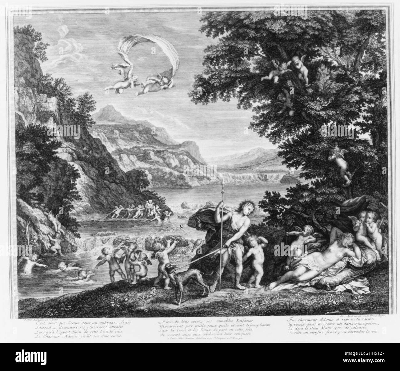 Die Liebe von Venus und Adoni vor 1741 nach Francesco Albani Italienisch. Die Liebe von Venus und Addis. Nach Francesco Albani (italienisch, Bologna 1578–1660 Bologna). Vor 1741. Gravur und Radierung. Ausdrucke Stockfoto