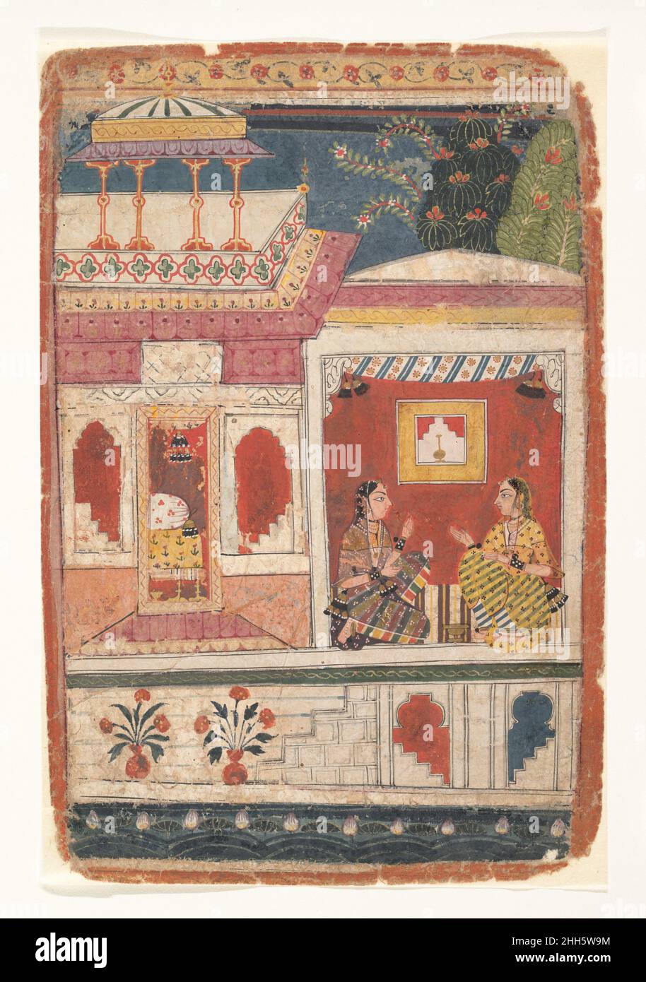 Radha und ihr Vertrauter sitzen in einem offenen Raum: Seite aus einer zerstreuten Rasikapriya Ca. 1680–90 Indien (Madhya Pradesh, Malwa) in der Rasikapriya thematisiert der Dichter Keshav das die Liebe in all ihren verschiedenen Aspekten, wobei er sich auf geheime Wünsche und ihre äußeren Erscheinungsformen konzentriert. Hier spricht Radha mit ihrem Vertrauten und ihrem Mitstreiter und arrangiert zweifellos ein geheimes Treffen mit ihrem Geliebten Krishna. Details wie die stilisierten Blumen an der Basis des Gebäudes sowie die Anfänge der besonderen Tiefe in der Architektur gesehen deuten auf den Kontakt mit den Malatelier der Moguln.. Radha und ihr Vertrauter S Stockfoto