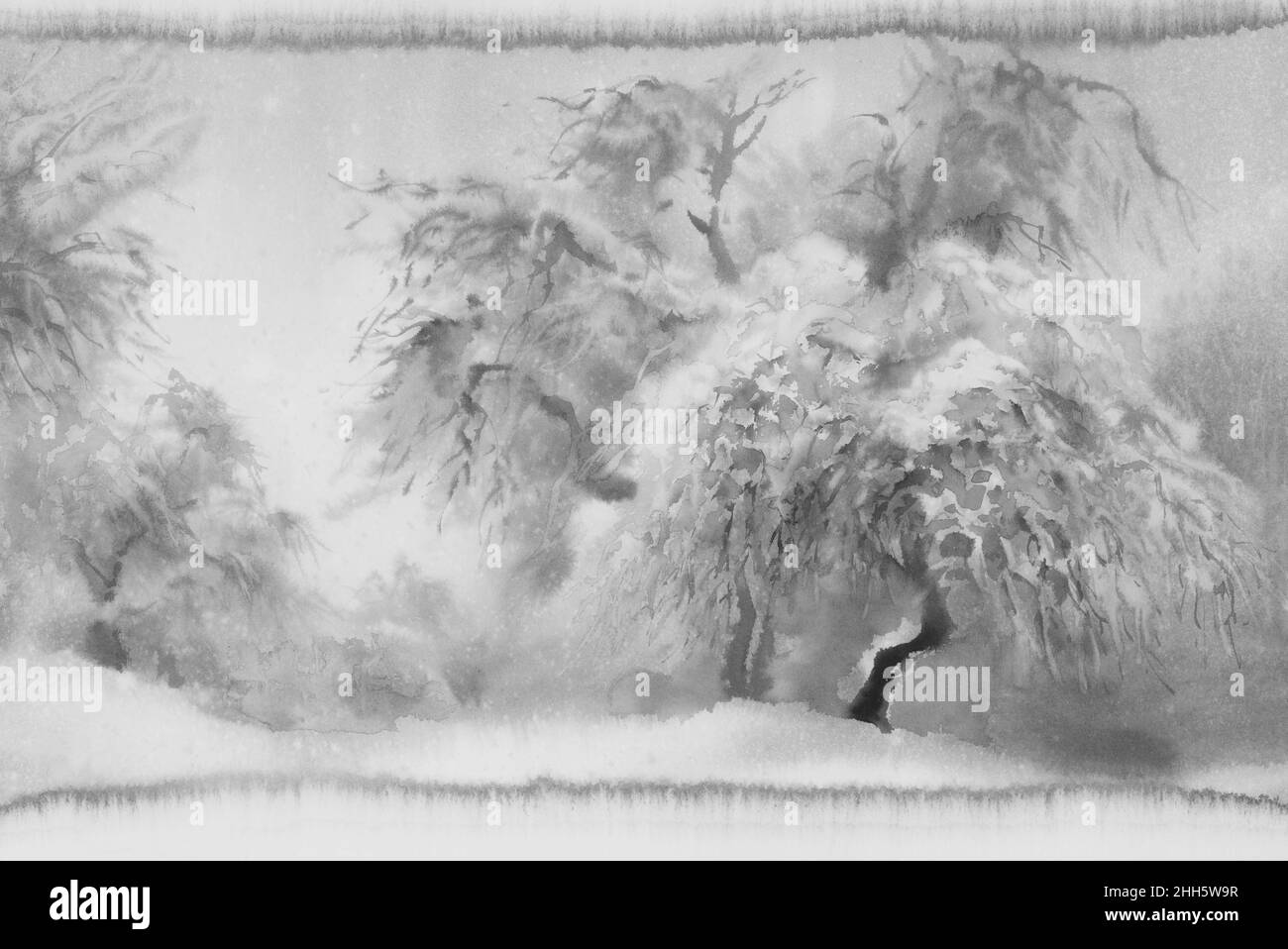 Winterlandschaft in grauer Farbe Aquarell Hintergrund Stockfoto