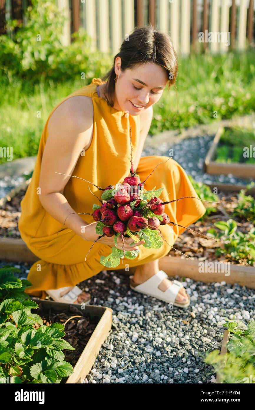 Lächelnde Frau mit frisch gepflücktem Rettich im Gemüsegarten Stockfoto