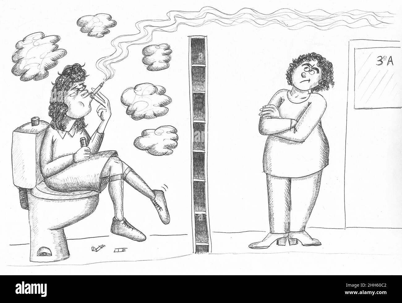 Schüler raucht in der Toilette und Lehrer schaut auf den Rauch. Abbildung. Stockfoto