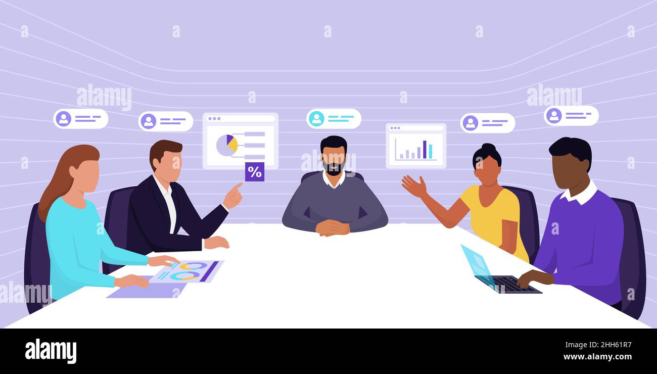 Corporate Business Team Treffen in einem virtuellen Büroraum: Digitaler Arbeitsplatz, Remote-Arbeit und Teamwork-Konzept Stock Vektor