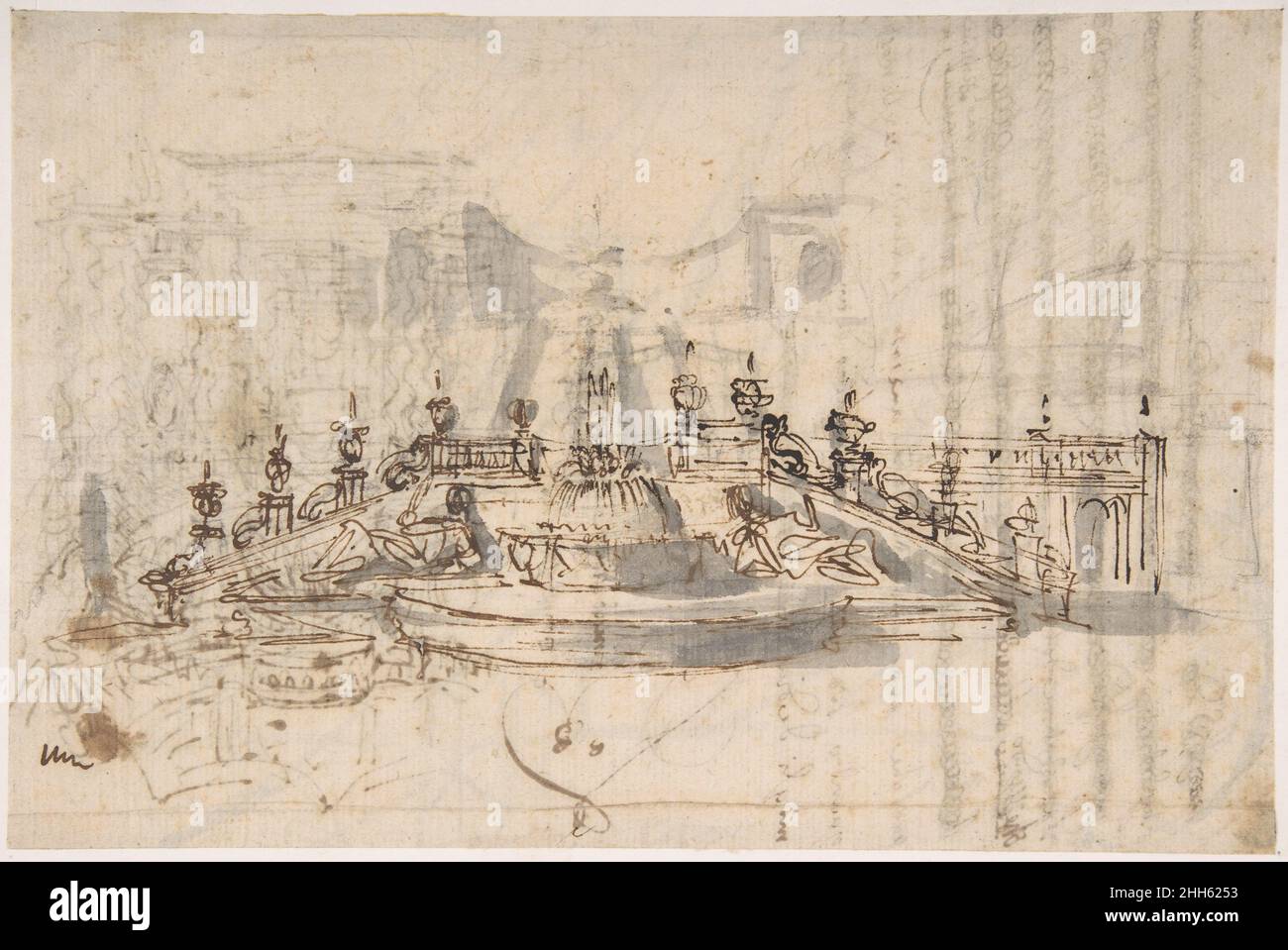 Manuskriptseite mit einem Projekt für einen Brunnen (recto) und Projekt und Plan für eine Monumentale Treppe (verso) ca. 1740–60 Luigi Vanvitelli Italienisch. Manuskriptseite mit einem Projekt für einen Brunnen (recto) und Projekt und Plan für eine Monumentale Treppe (verso). Luigi Vanvitelli (Italienisch, Neapel 1700–1773 Caserta). Ca. 1740–60. Stift und braune Tinte, Pinsel und Grauwäsche, über schwarzer Kreide oder Graphit (recto); Stift und braune Tinte, Pinsel und Grauwäsche, Graphit, rote Kreide (verso) Stockfoto