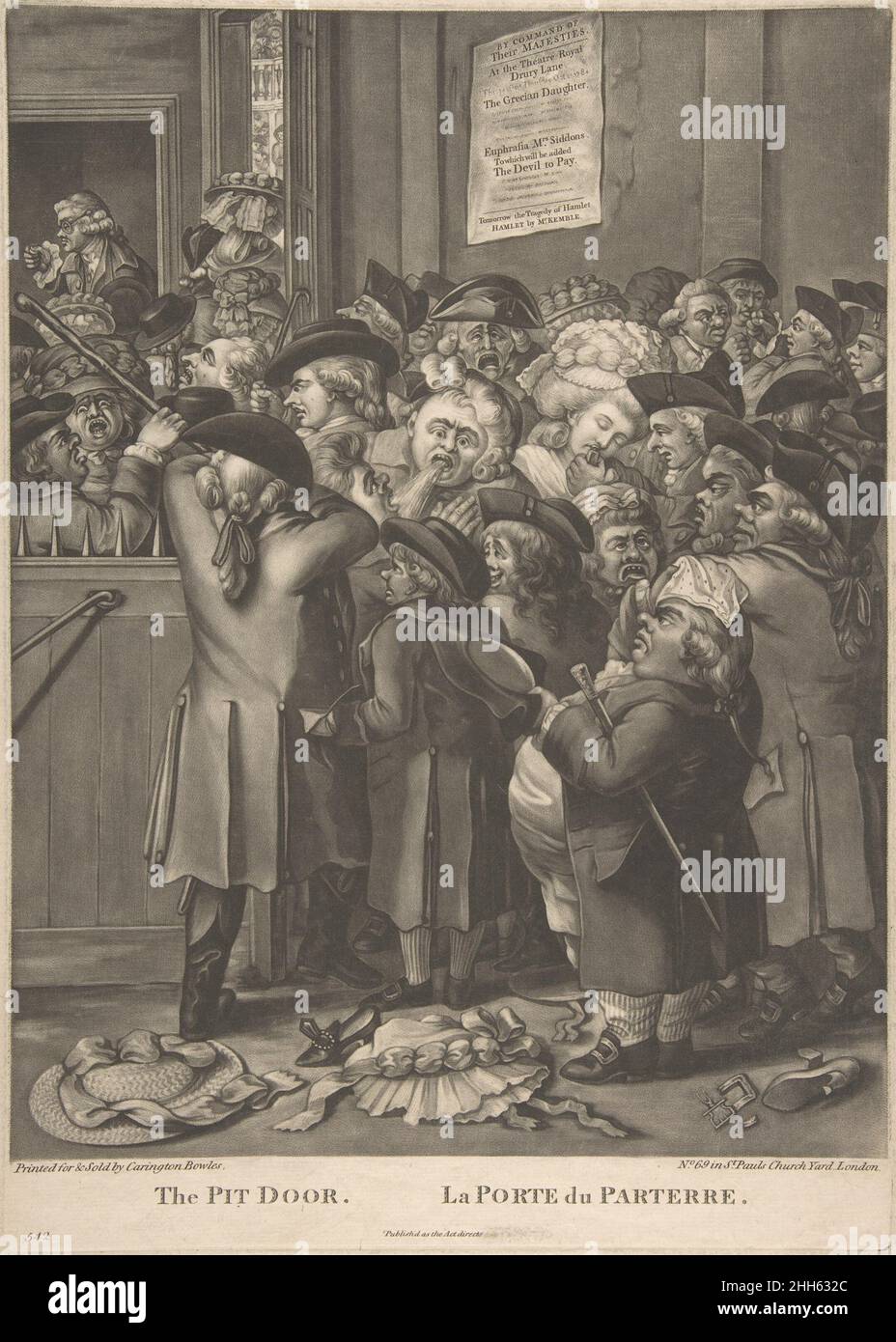 The Pit Door/ La Porte du Parterre 9. November 1784 nach Robert Dighton dem Älteren Briten zeigt das kämpfende Publikum, das hofft, am Theatre Royal, Drury Lane in London teilzunehmen, wie anstrengend ein Theaterstück im 18. Jahrhundert sein könnte. Zu dieser Zeit kosteten unbesetzte Sitze auf Bänken in der Grube drei Schillinge, wohlhabendere Gönner saßen oben in teureren Kisten, und gewöhnliche Leute kletterten in die oberen Galerien. Ein Plakat an der Wand zeigt an, dass die Attraktion Sarah Siddons in einer königlichen Kommandoleistung der griechischen Tochter ist. Siddons hatte sich 1782 als c Stockfoto