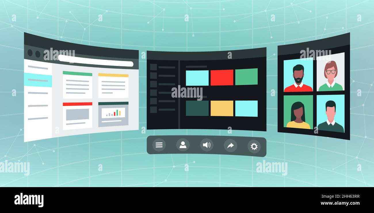 Virtuelle Desktop-Bildschirme mit interaktiver Benutzeroberfläche: VR und digitales Konzept für virtuelle Arbeitsplätze Stock Vektor