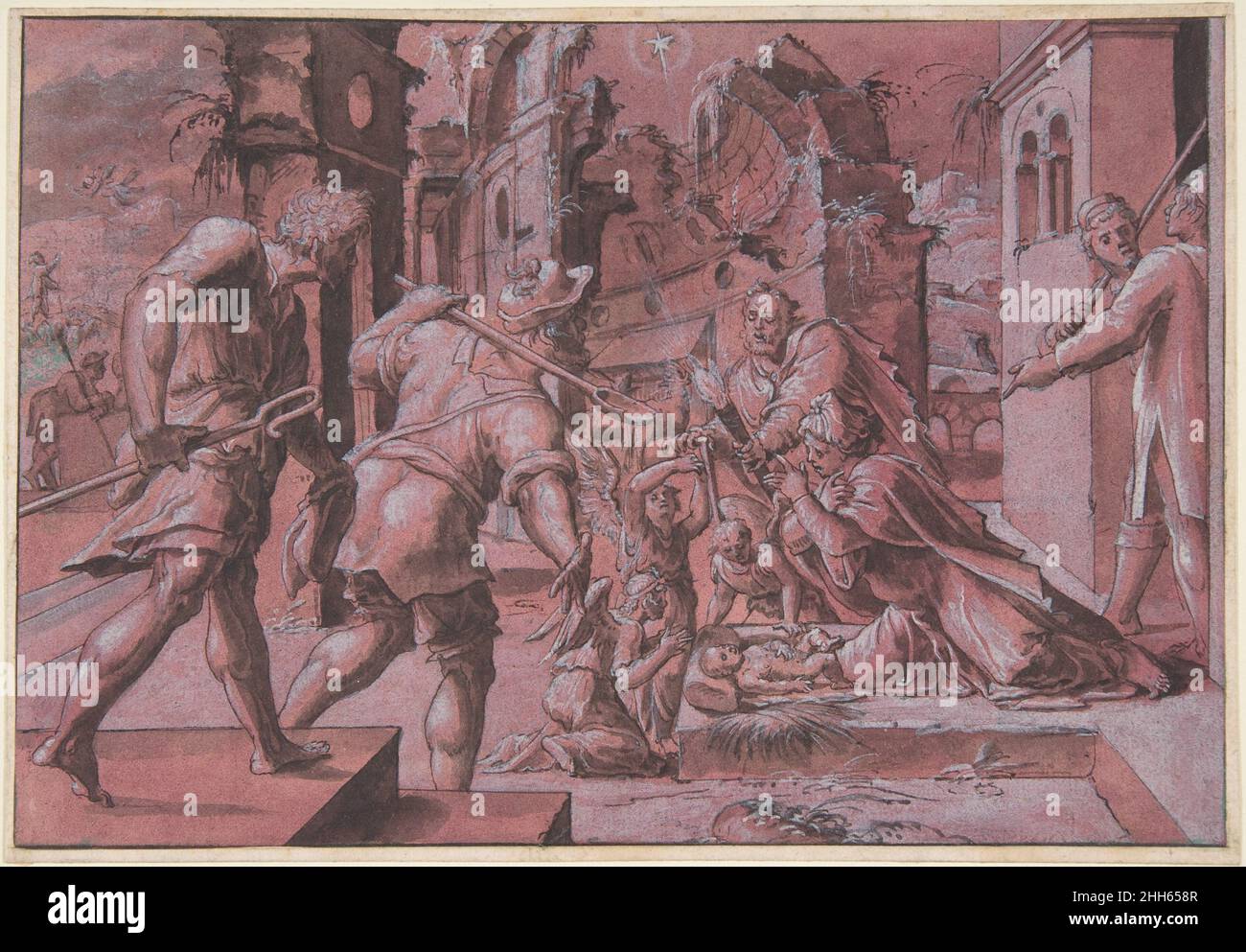 Anbetung der Hirten 1540–60 Meister von Liechtenstein Niederländisch?. Anbetung der Hirten 347400 Stockfoto